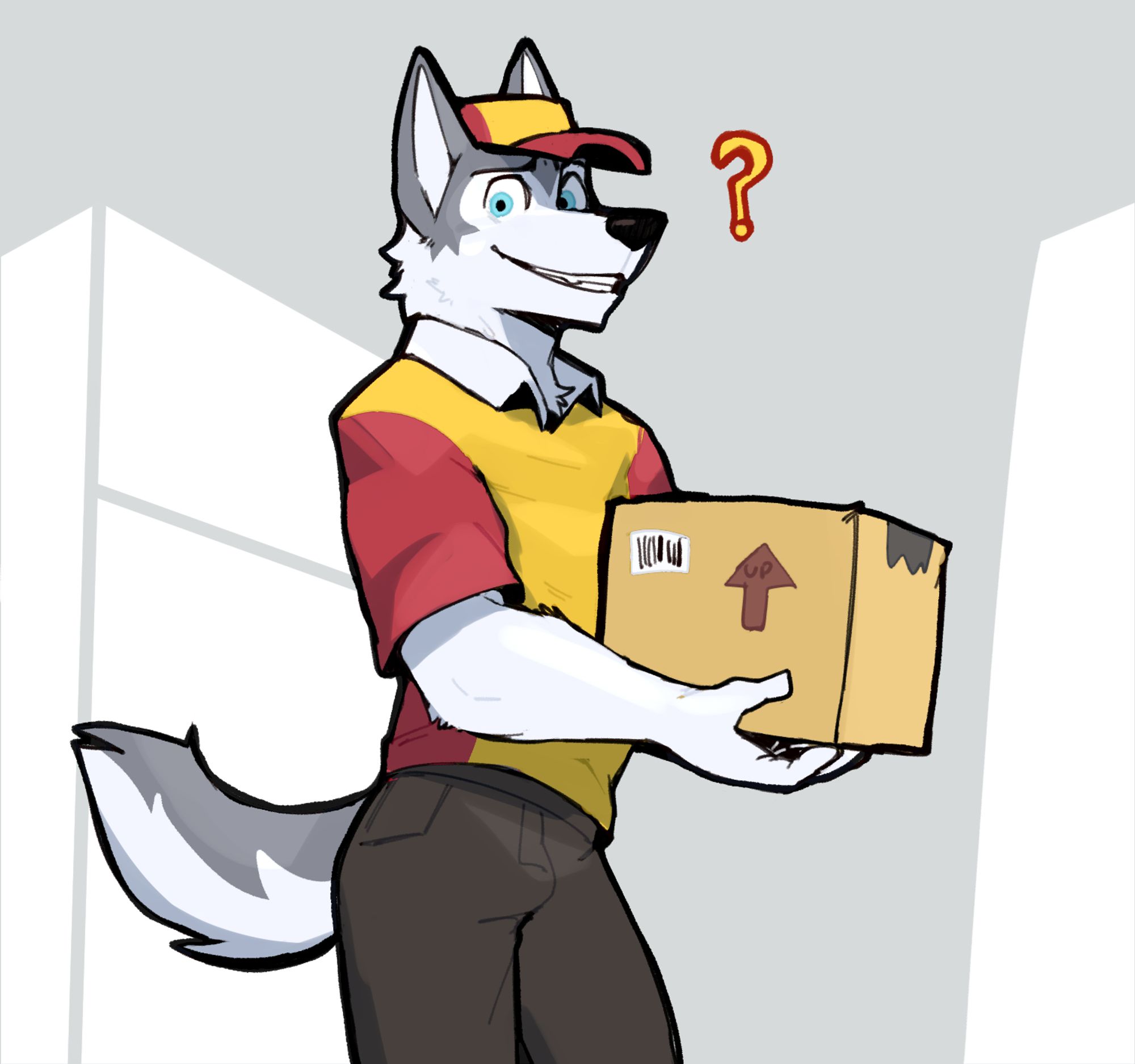 anthro husky holding a box