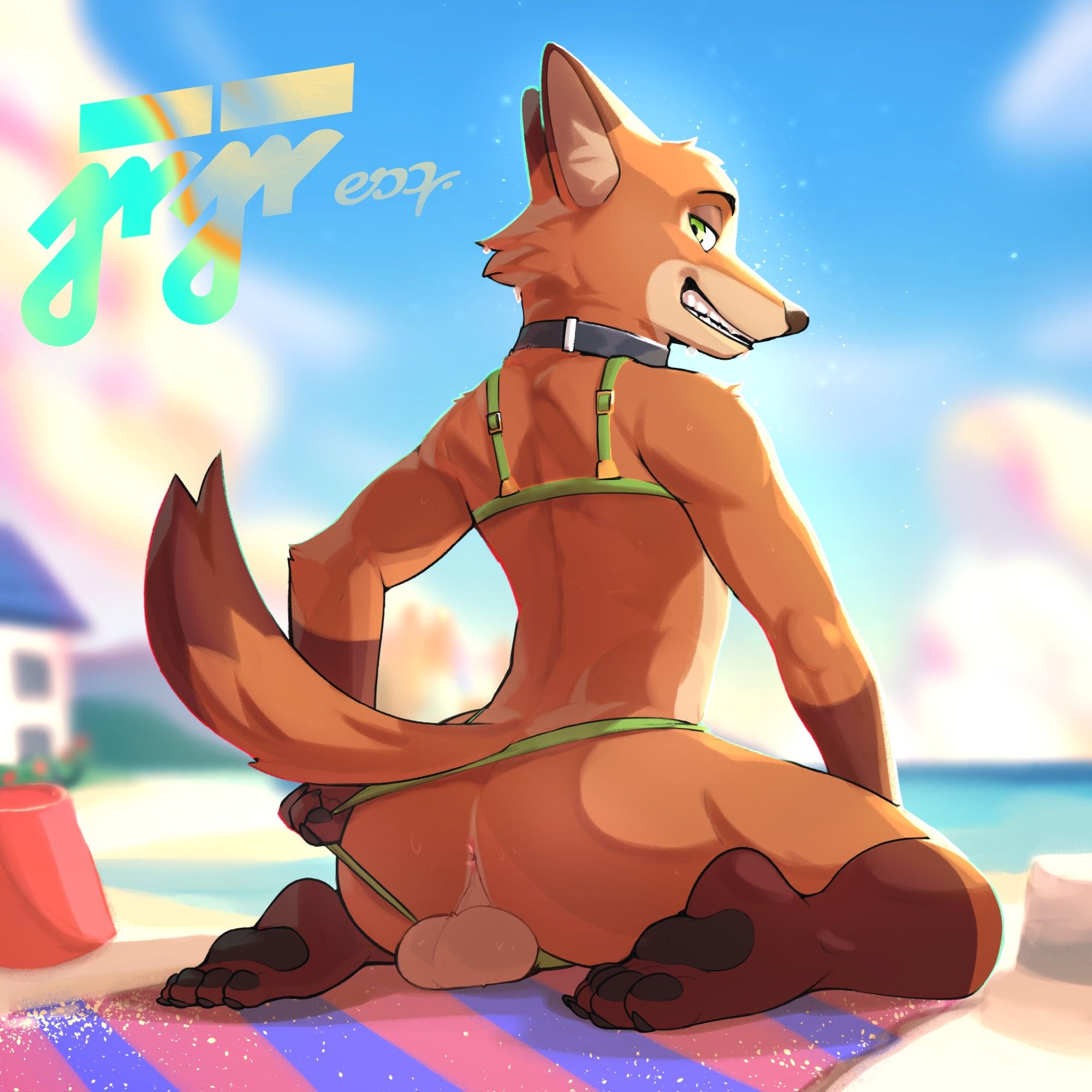 nick wilde on the beach exposing his anus to the viewer