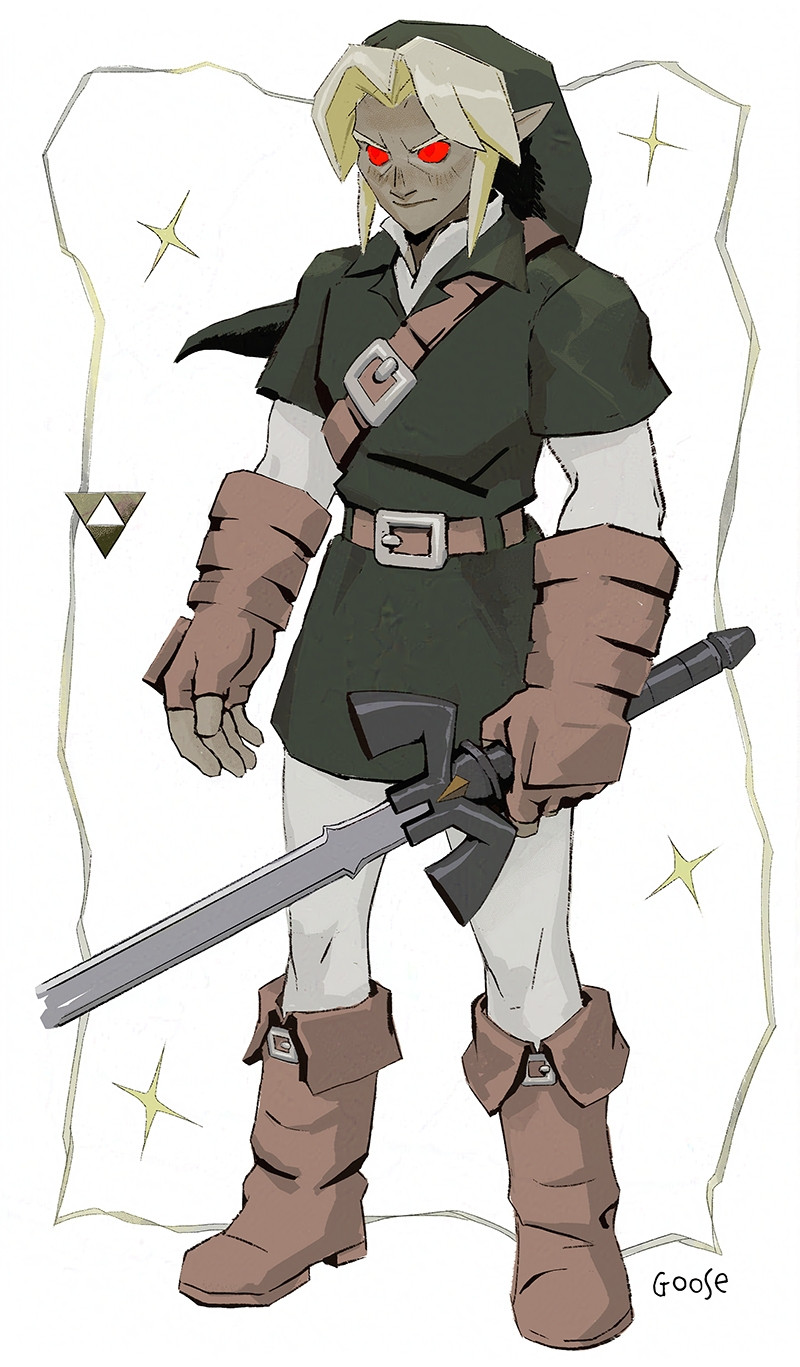 An illustration of Dark Link from the Legend of Zelda. An elf with grey skin and red glowing eyes holds a sword and stares menacingly 