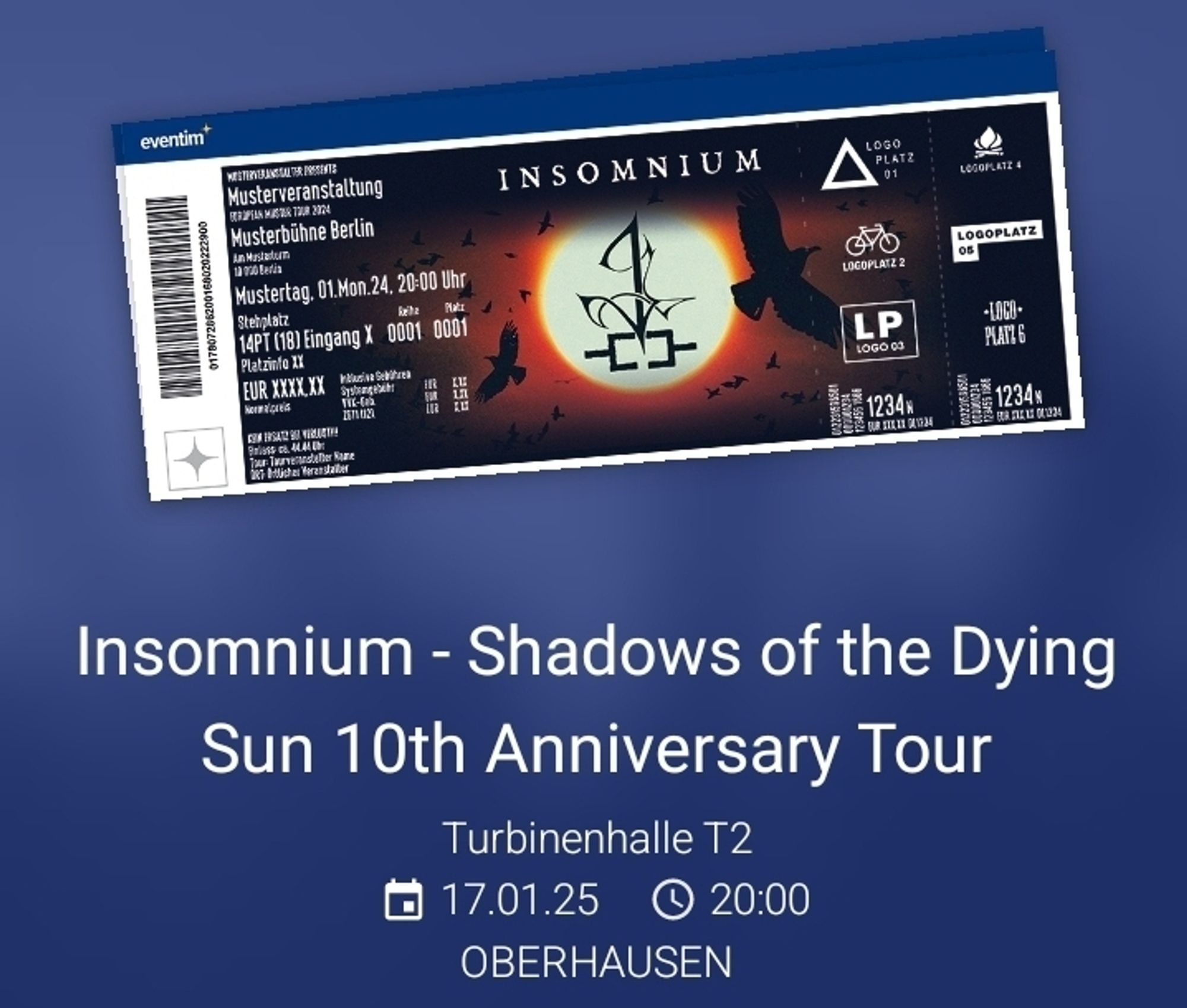 Entwurf-Ticket / Ankündigung für ein Konzert der finnischen Melodic-Deathmetal-Band Insomnium. Schwarze Karte mit mittiger Sonne , darun das Insomnium-Logo, im Halo der Sonne fliegen Raben.