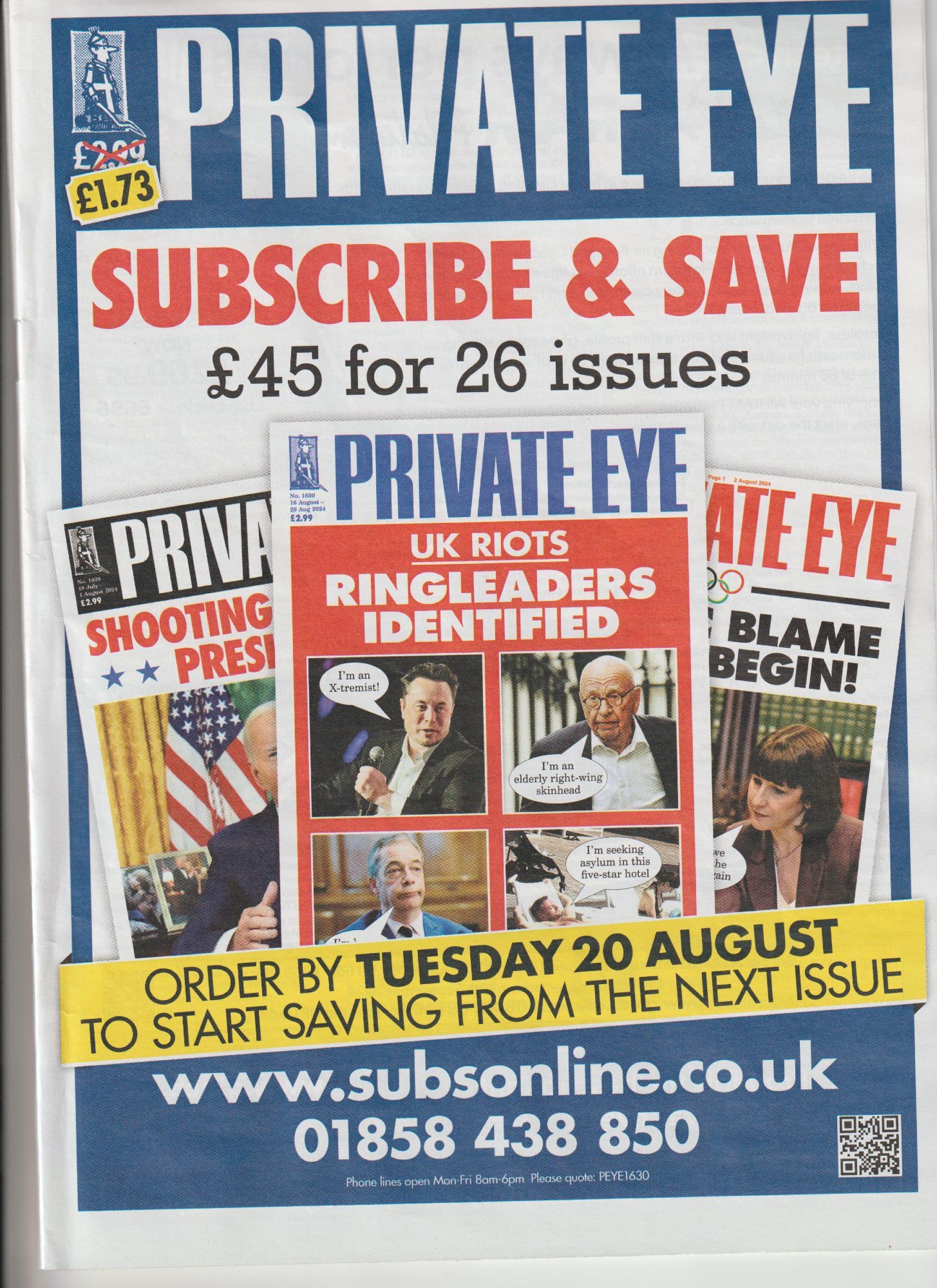 Private Eye magazine subscription is £45 for 26 issues - bargain!