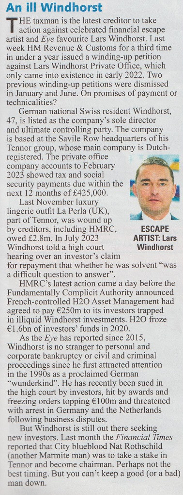 Lars Windhorst was celebrated originally as a 'wunderkind' or child prodigy, but a lot of his financial dealings across Europe have turned out to be extremely dodgy. Source: Private Eye magazine