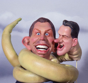 Peter Mandelson depicted as a snake, wound around the neck of Tony Blair.