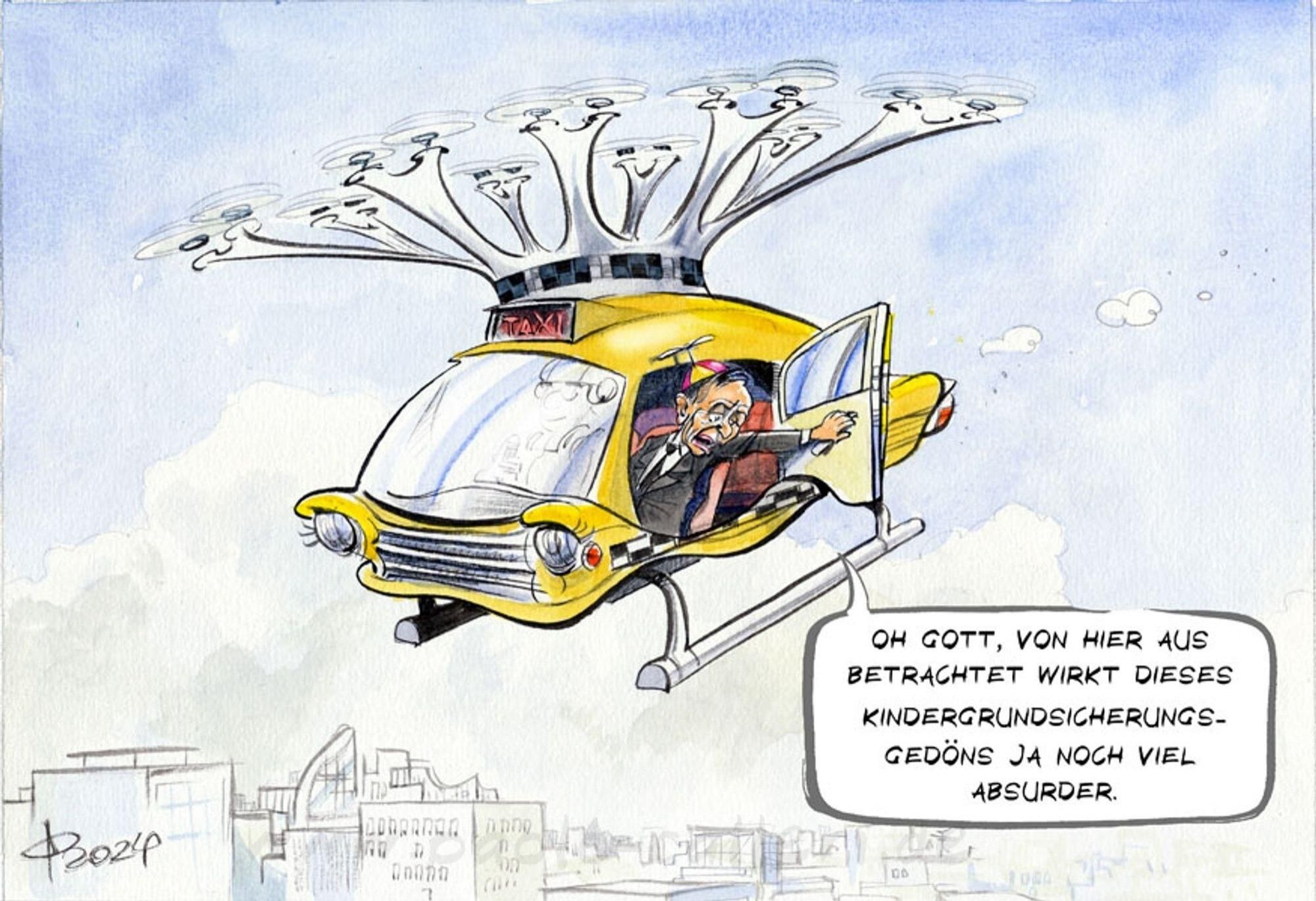 EinenKatrikatur, wissing lehnt sich aus einem fliegenden Flugtaxi und sagt; oh Gott, von hier aus betrachtet wirkt dieses Kindergrundsicherungsgedöns  ja noch viel absurder.