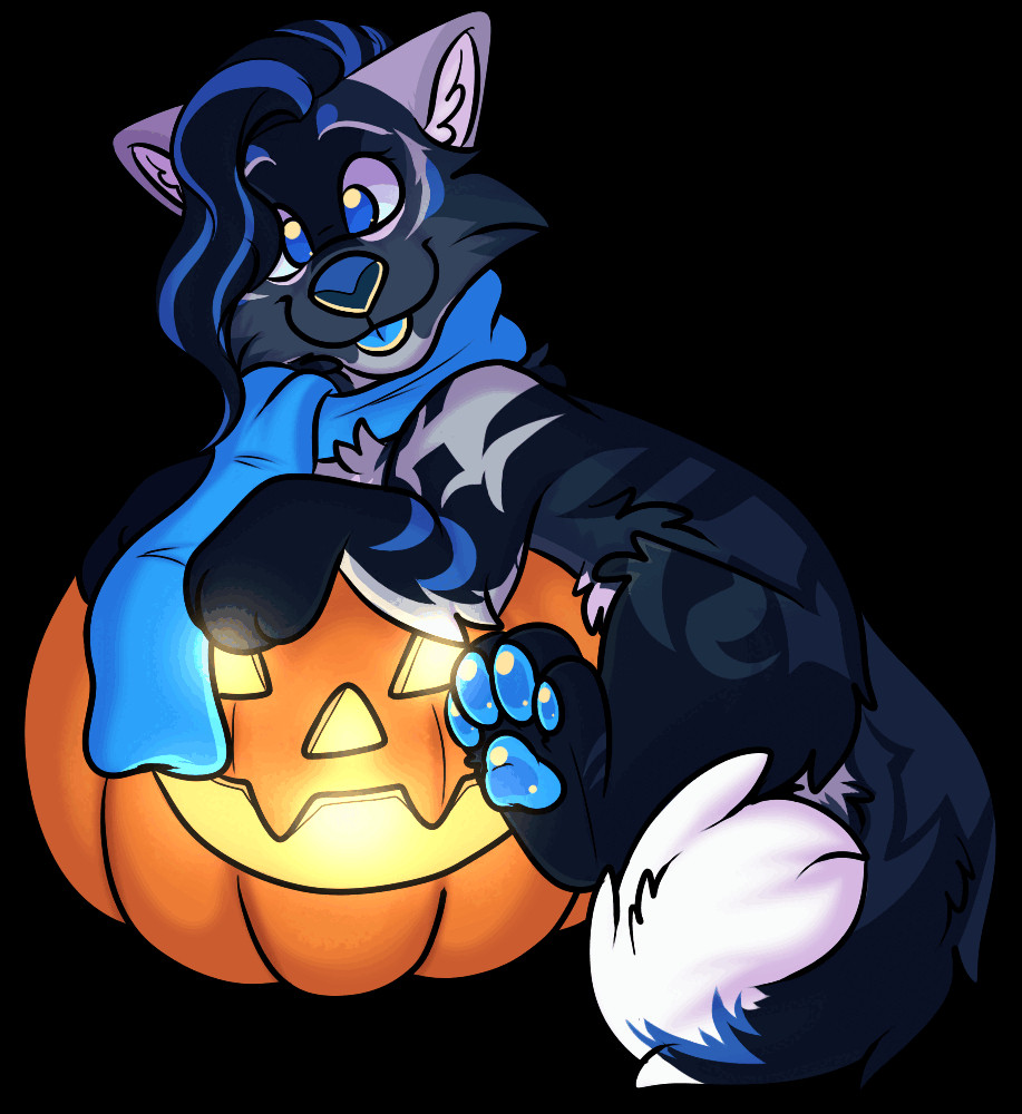 Blue semi-anthro wolf laying on a glowing jack-o-lantern with a silly expression on their face.