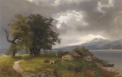 Gemälde mit Bauernhäusern, Kuh, Hutebäumen, Chiemsee und Bergen