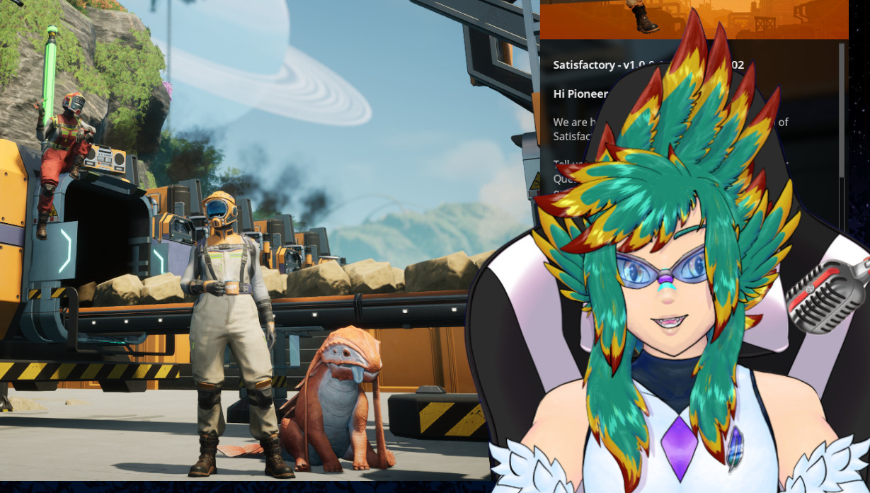 a screenshot preview of a stream. there's a green haired vtuber sitting in front of the satisfactory main menu, looking excited!