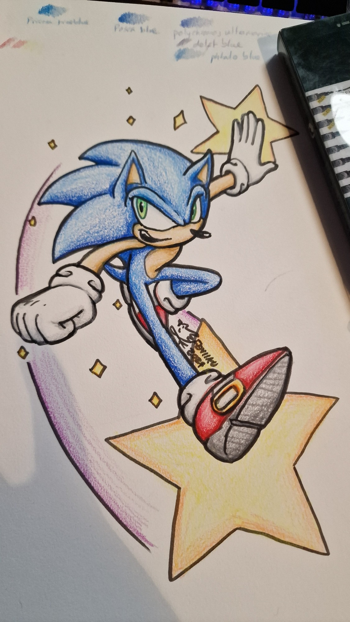 A simple coloured pencil drawing of Sonic the Hedgehog, running on a simple cartoon star