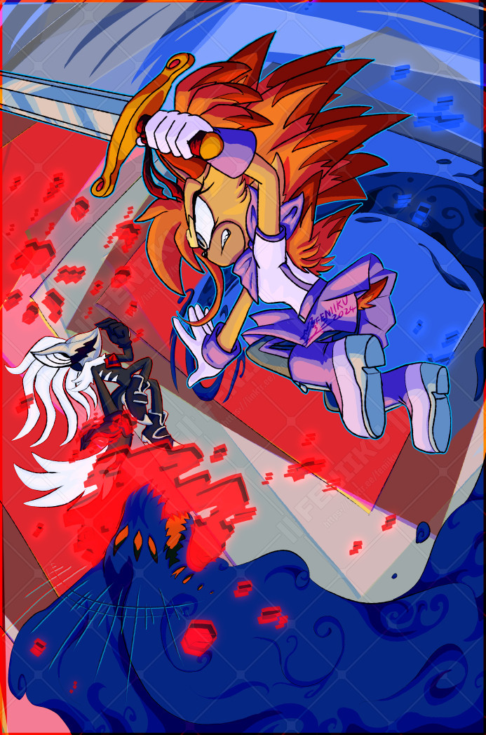 a digital artwork of Pewter (a sonic the hedgehog fan character, who is a female flame coloured hedgehog with grey eyes, wielding a simple blue sword), fighting Infinite the Jackal in a glitchy red void. She has summoned her blue fog serpent to attack, but Infinite seems to be holding it at bay with his powers.