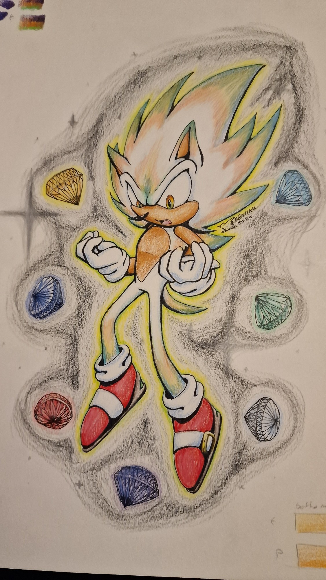 A pencil coloured drawing of Sonic the Hedgehog in his Hyper form, looking surprised