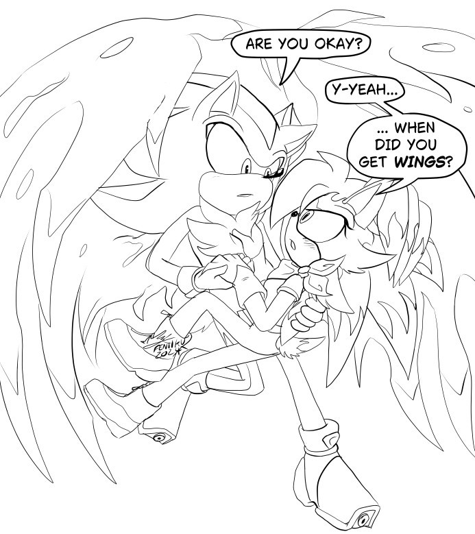 a black and white digital sketch of Pewter (a sonic the hedgehog fan character) and Shadow the Hedgehog. Shadow is holding Pewter as if he's jsut caught her mid-air, and is floating with his wings out. They both look a little surprised. Shadow is saying "Are you okay?", and Pewter is replying, with a little blush, "Y-yeah... ... When did you get Wings?"