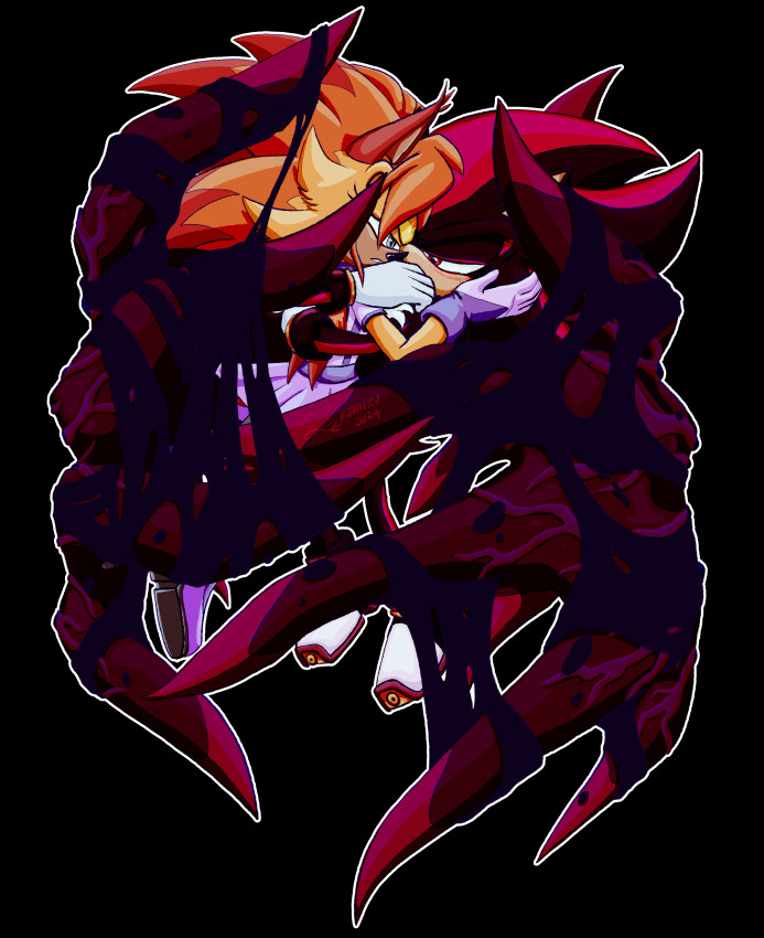 a digital coloured fanart of Pewter (a sonic the hedgehog fan character) and Shadow the Hedgehog. Shadow's arms are wrapped tight around her back and shoulders and he looks sad, and her hands are pressed against his cheek while she is attempting to comfort him. His wings are encircling them both as a pseudo-frame, shaped more like hands. There's a lot of hands here.