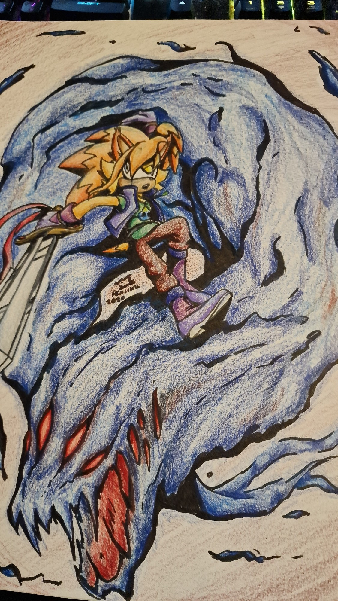 A pencil coloured drawing of my sonic oc Pewter riding on her giant serpent