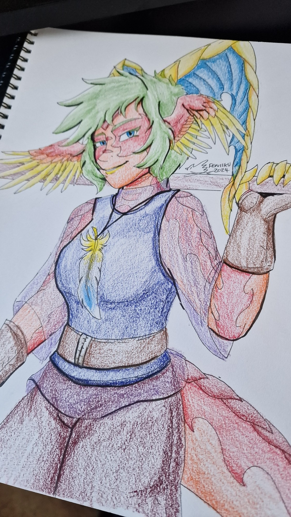 A coloured pencil drawing of a dragon like character from my original webcomic fallenmist phoenix