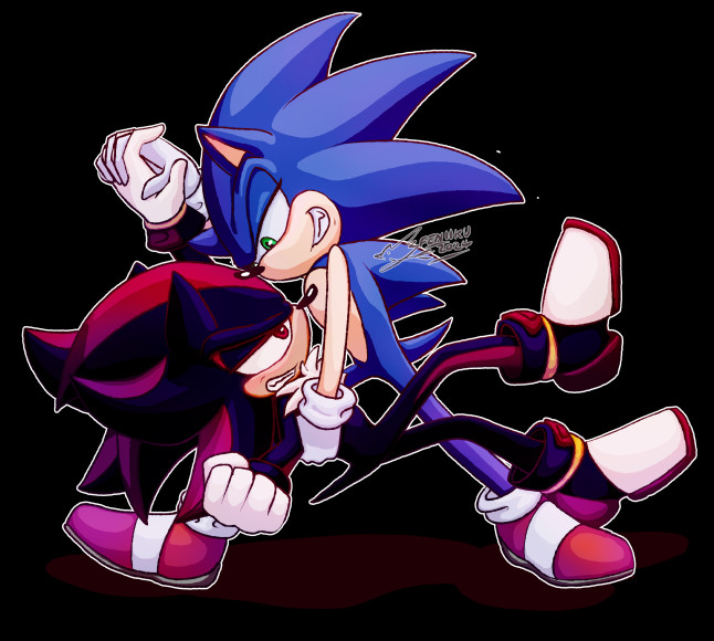 a digital drawing of Sonic the hedgehog and Shadow the hedgehog dancing. Sonic has tipped Shadow over his foot and Shadow seems irritated about it. But they're both blushing lightly.