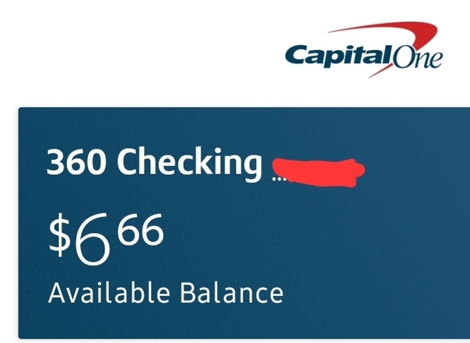 Capital One checking account screenshot showing $6.66