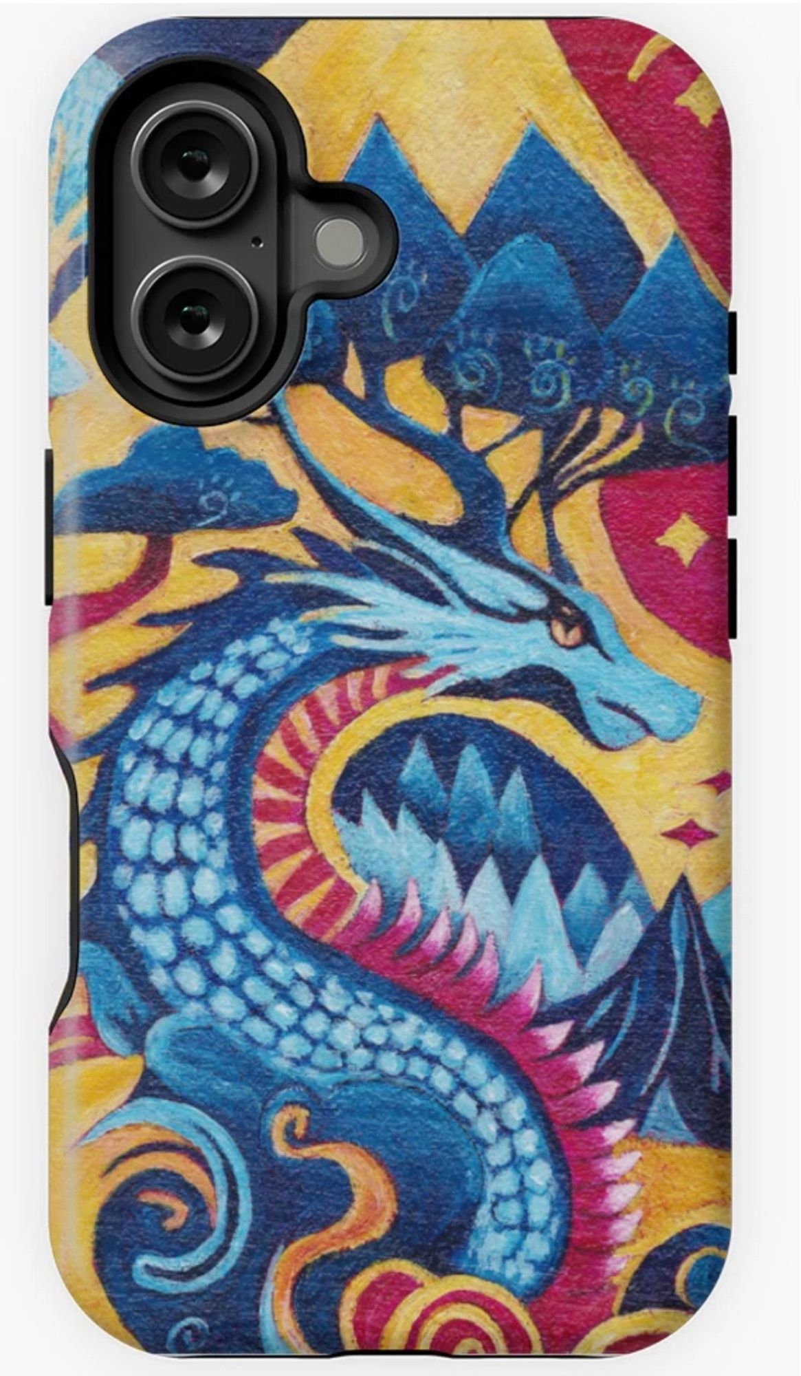 Acrylic painting featured on a phone case, of a stylized dragon with swirls, and stylized mountains and tree in the background.