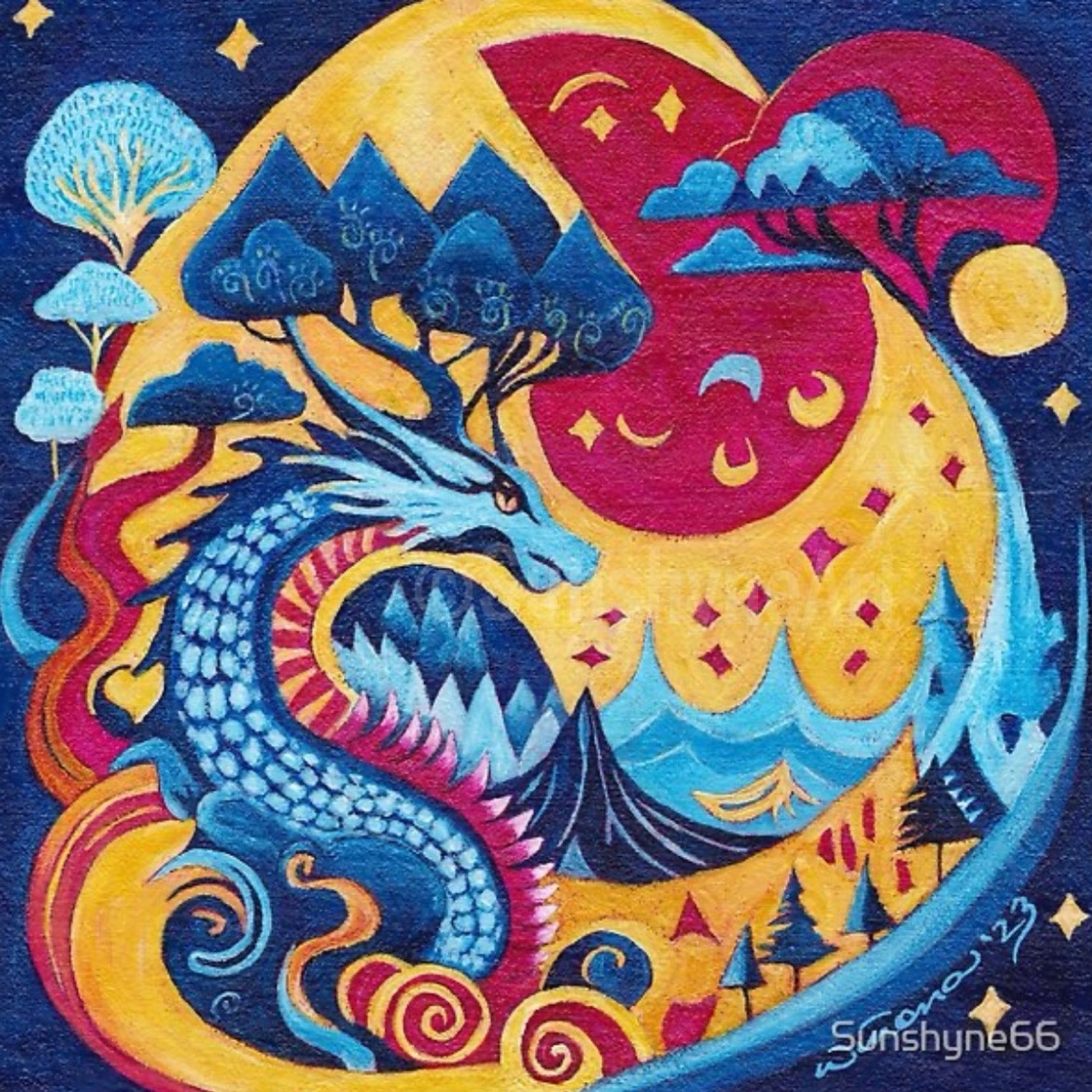 Acrylic painting of a stylized dragon with swirls, and stylized mountains and trees in the background.