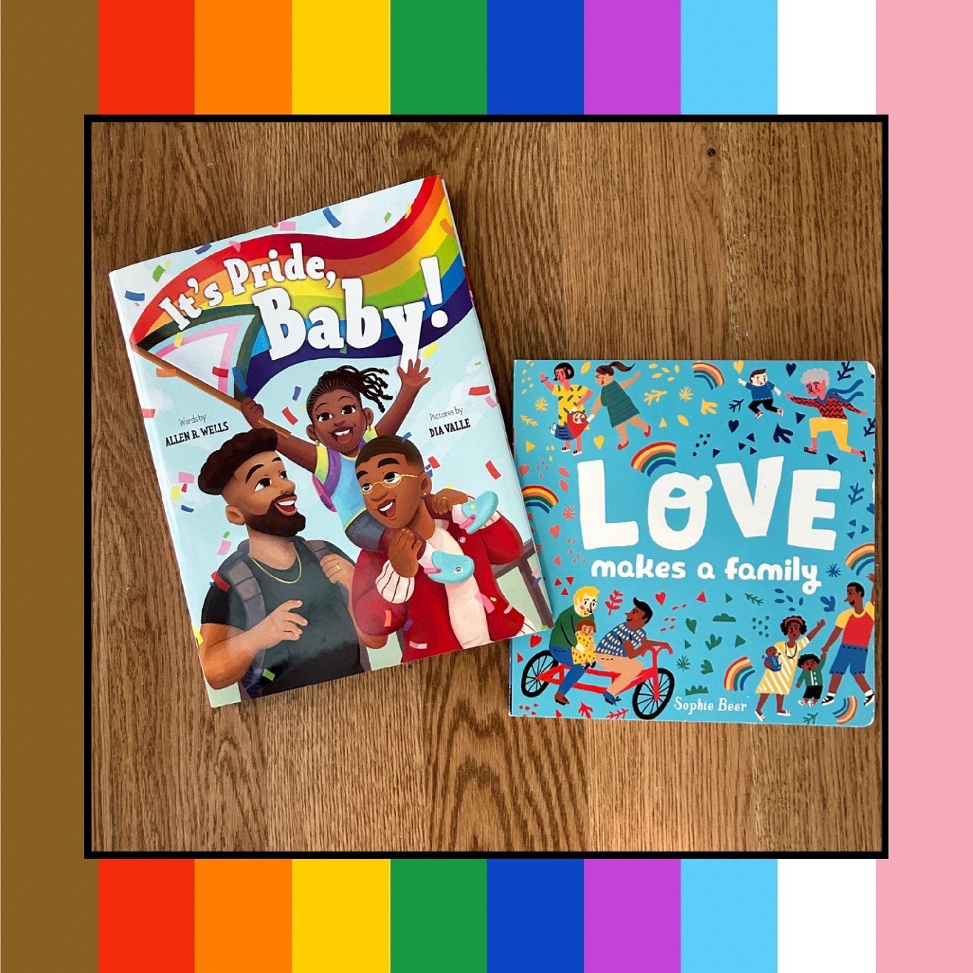 Graphic of a photo of two picture books on a rainbow background. The book on the left is called It’s pride baby! By Allen r. Wells and dia valle. It shows a couple, one carrying a child on their shoulders and the child is waving a progress flag. The book on the right is love makes a family by Sophie beer and shows different people doing activities like riding a bike as well as rainbow colored confetti like designs.