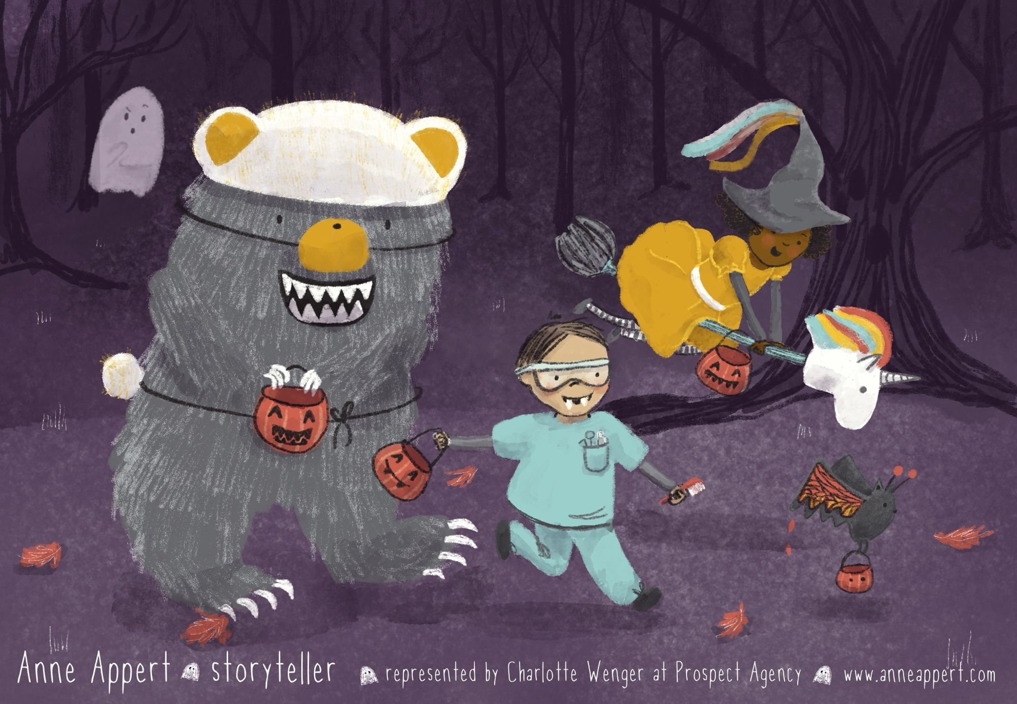 Image of creatures trick or treating in the woods. Includes a monster dressed as a bear, a vampire dressed as a dentist, a witch dressed as a princess on a unicorn, and a bat dressed as a butterfly while a ghost looks on confused. 
Text on the image reads: Anne Appert, storyteller, represented by Charlotte Wenger at Prospect Agency, www.anneappert.com