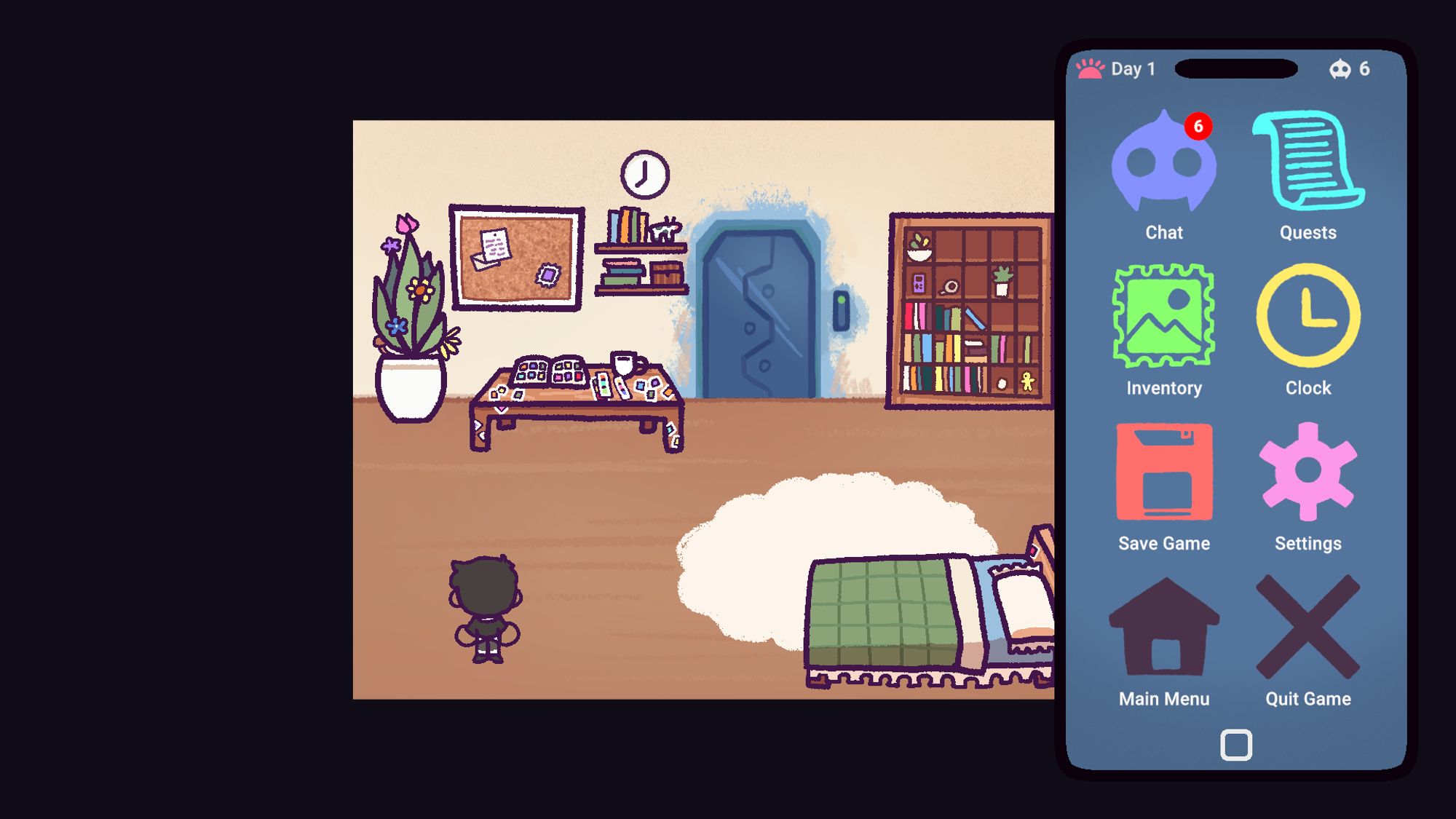 Screenshot from an upcoming game with a 2D top-down perspective. A phone UI is open on the right side. There are eight apps: Chat, Quests, Inventory, Clock, Save Game, Settings, Main Menu, and Quit Game. The Chat application is showing 6 notifications.