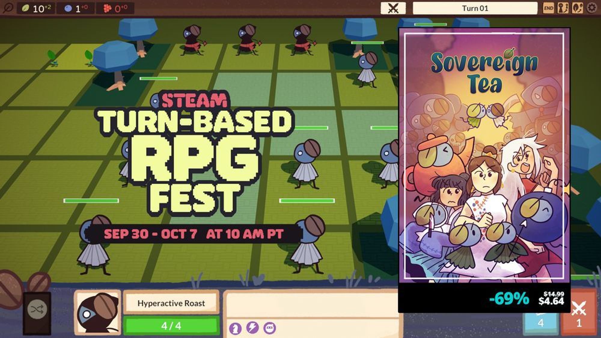 Promotional image for Sovereign Tea's participation in the Steam Turn-Based RPG Fest, from Sep 30 to Oct 7, starting at 10AM PT. Banner shows the game at -69% from its base price of $14.99, available now at $4.64