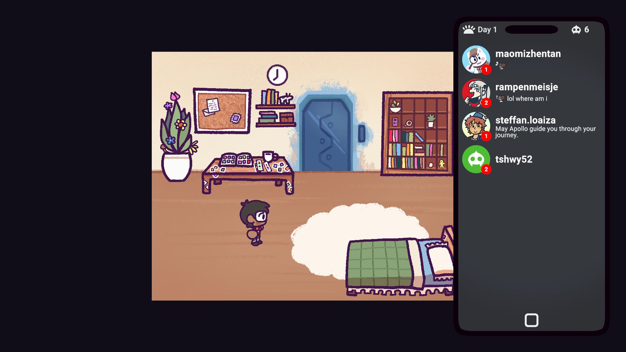 Screenshot from an upcoming game with a 2D top-down perspective. A phone UI is open on the right side. A chat application is shown with four users who have DMed the player. Top-to-bottom, the users are: maomizhentan, rampenmeisje, steffan.loaiza, tshwy52. The users have different profile pictures and statuses set for themselves.