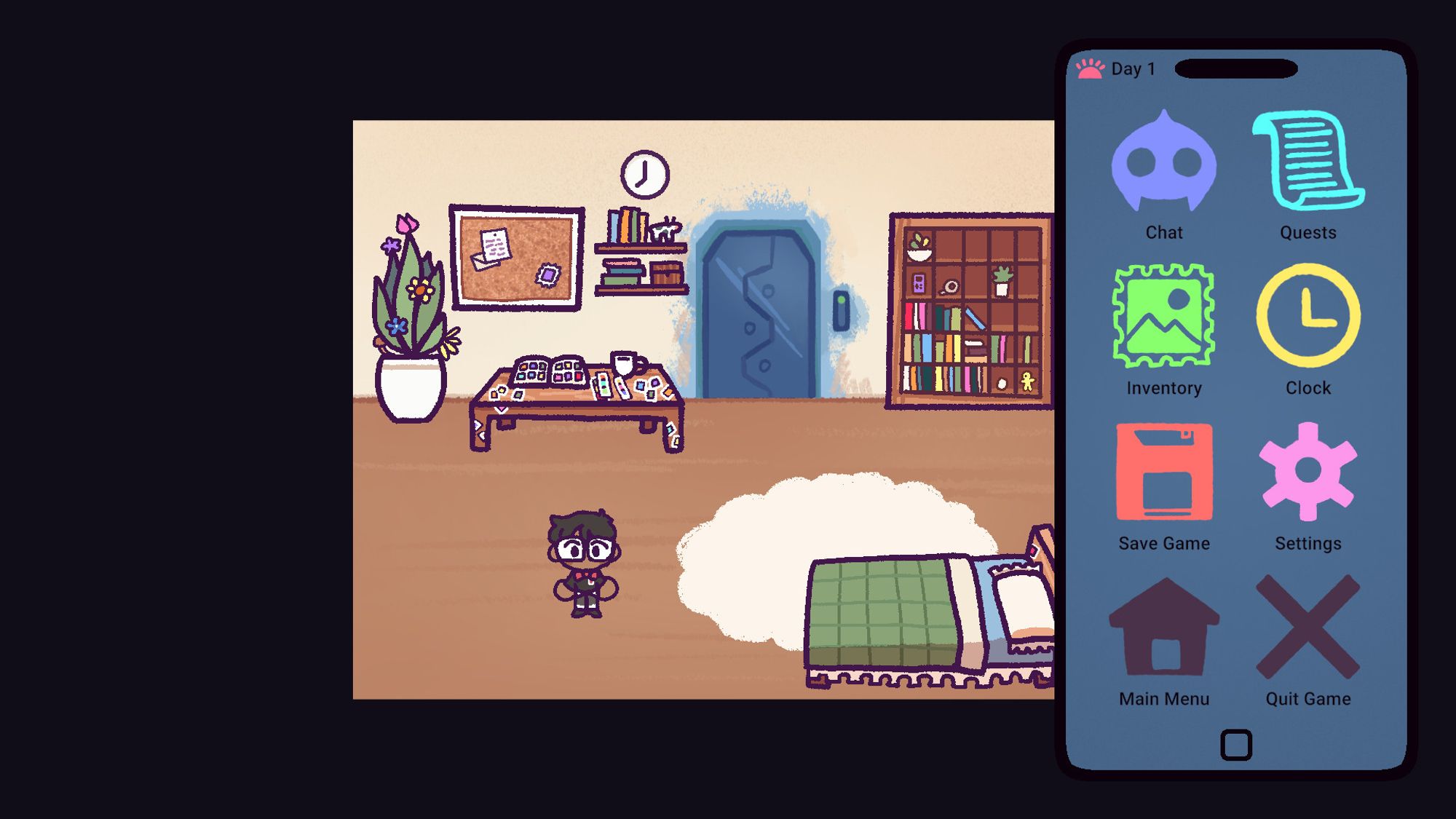 Screenshot from a game featuring a chibi glasses-wearing character in a quaint room, surrounded by homely items like a bed and a desk, with a security prison-like door. A phone UI is open showcasing various apps on a home screen.