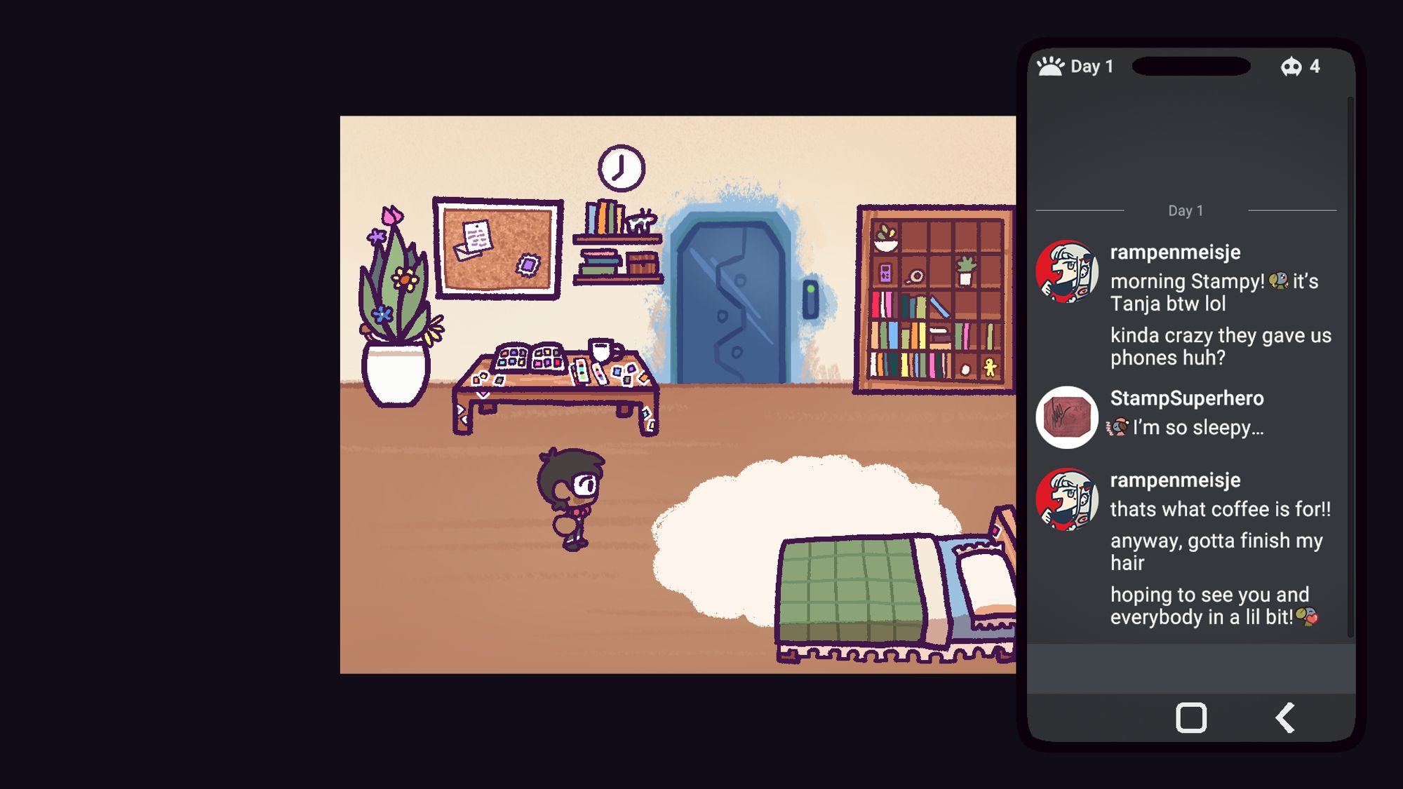 Screenshot from an upcoming game with a 2D top-down perspective. A phone UI is open on the right side.  A chat conversation is shown between a user named rampenmeisje and StampSuperhero. Text reads: "rampenmeisje: morning Stampy! [emote] it's Tanja btw lol kinda crazy they gave us phones huh?" "StampSuperhero: [emote] I'm so sleepy..." "rampenmeisje: thats what coffee is for!! anyway, gotta finish my hair hoping to see you and everybody in a lil bit! [emote]"