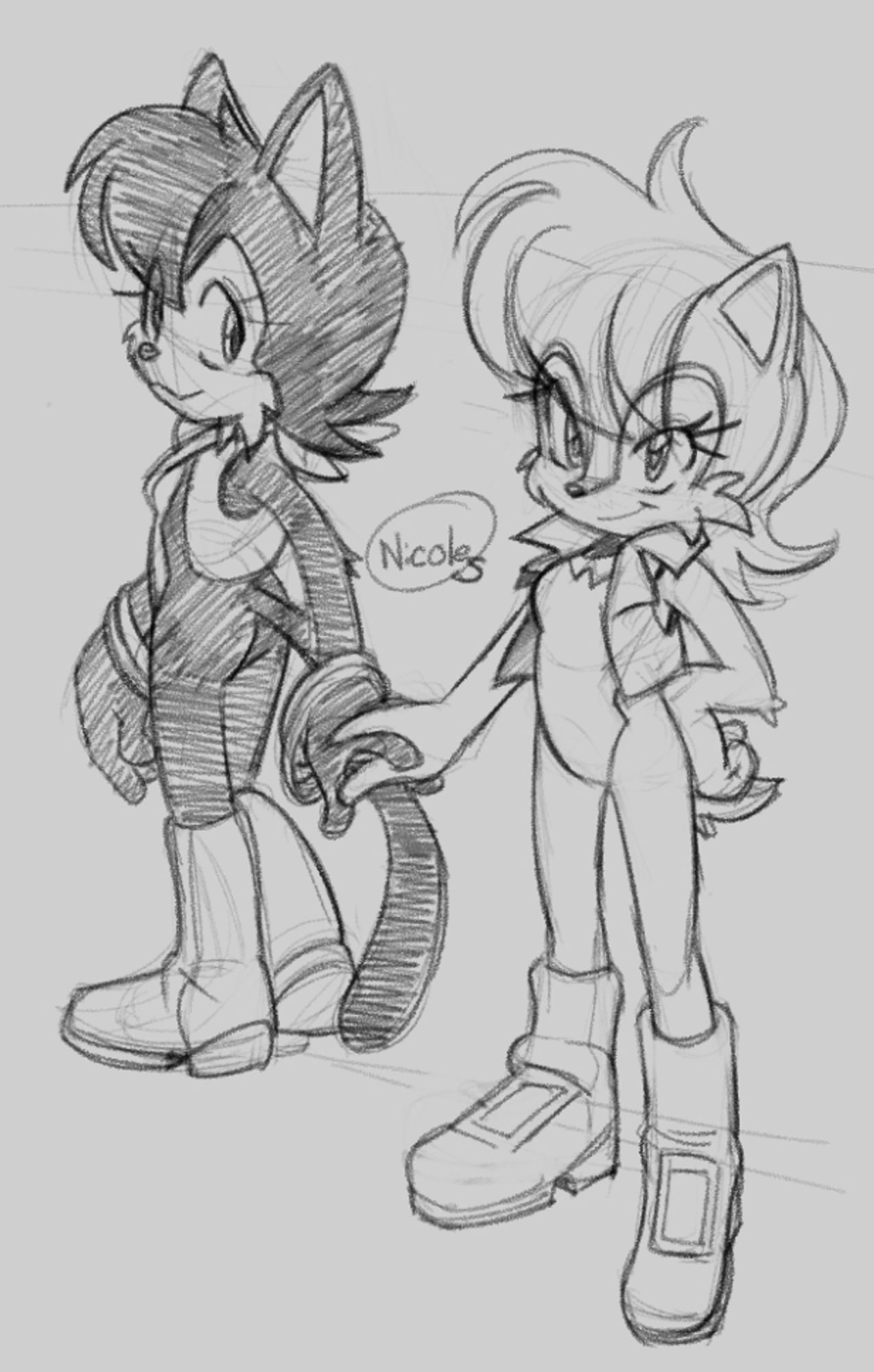 A pencil drawing of Sally Acorn & Hershey the Cat holding hands. Hershey has her back turned and looks back toward Sally. Sally looks ahead with a determined expression.