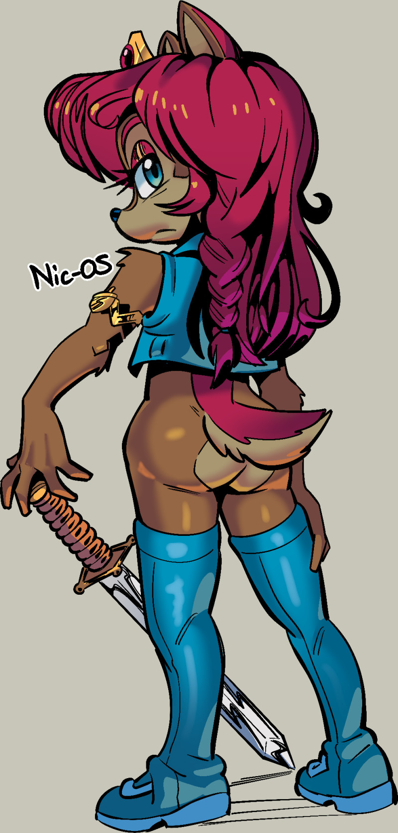 A lushly colored portrait of Sally Acorn, looking back over her shoulder at the viewer. She wears a triangular, golden crown, a golden arm band with an acorn symbol, a blue denim vest, and a pair of shiny, blue, thigh high boots. She holds a sword with a loose grip, casually propped on the ground before her at an angle. Her expression is all business.