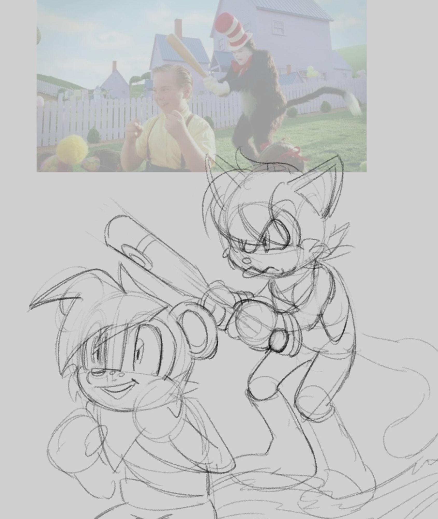 A loose sketch of Hershey holding a bat, ready to strike Geoffrey St. John. Based on the scene from The Cat in the Hat live action adaptation.