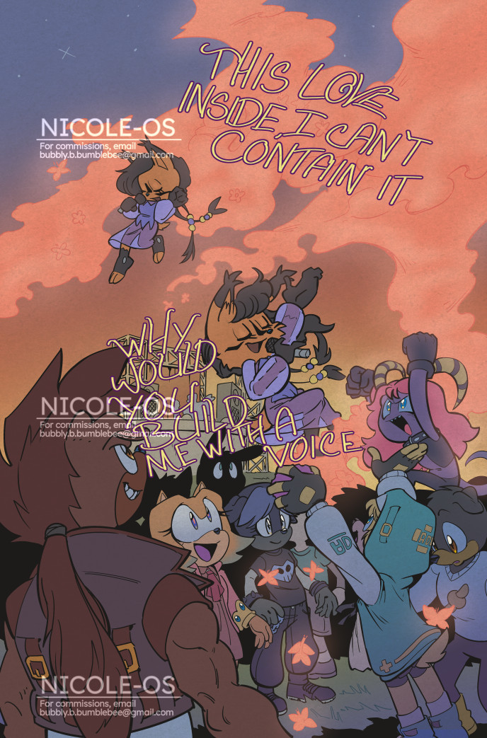 A full-page splash comic page of Nicole the Lynx singing for a concert audience.