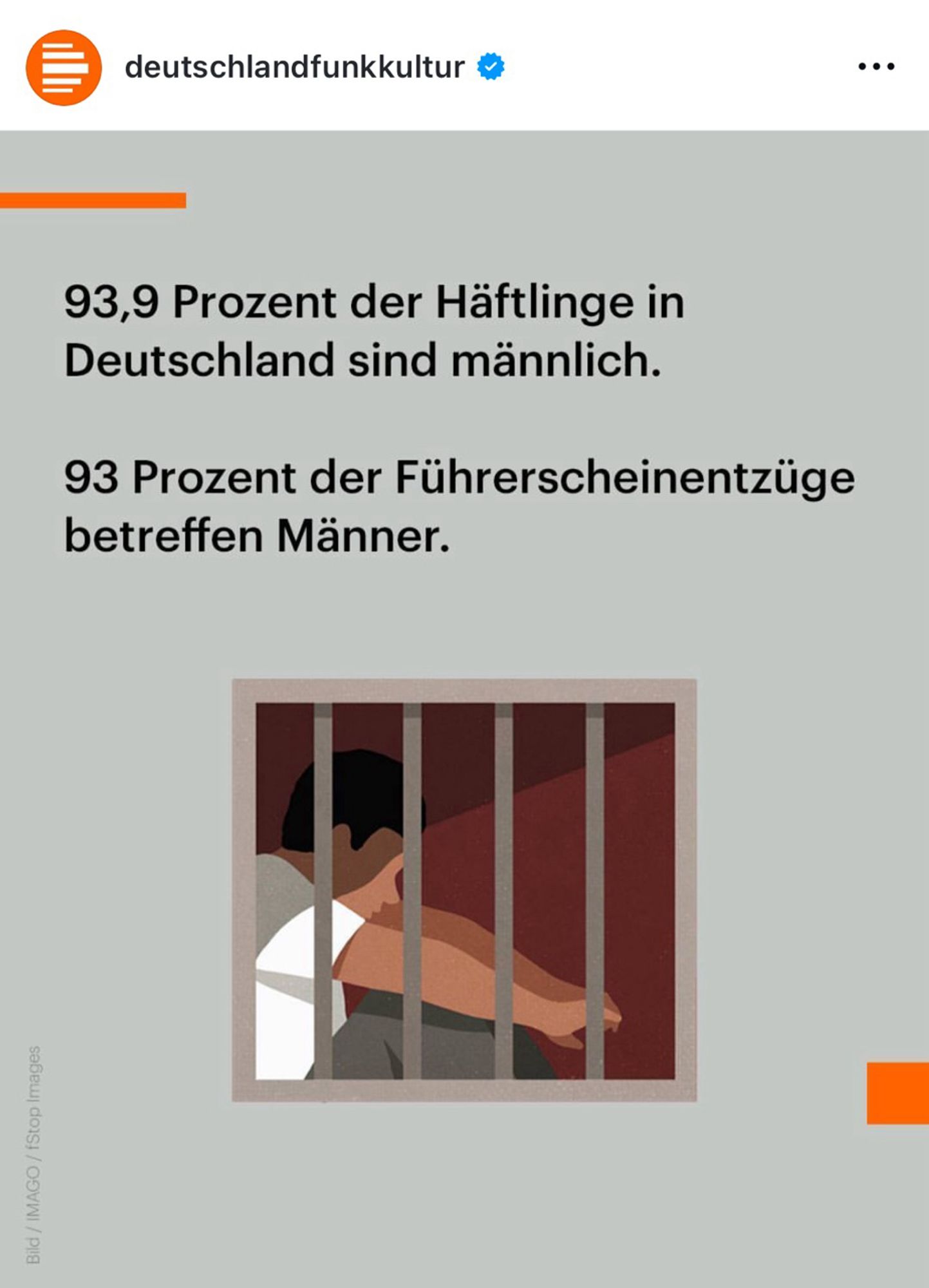 Das 3. Bild eines Instagram-Posts des Accounts deutschlandfunkkultur ist zu sehen. In schwarzer serifenloser Schrift steht auf grauem Hintergrund: 

„93,9 Prozent der Häftlinge in Deutschland sind männlich.

93 Prozent der Führerscheinentzüge betreffen Männer.“

Über der Schrift ist oben links ein orangefarbener Streifen zu sehen, der ein kleines Stück ins Bild ragt.  
Unter der Schrift ist eine Grafik eines Menschen, der hinter Gittern sitzend dargestellt ist. 
Rechts unten am Bildrand ist ein kleiner oranges Quadrat zu sehen.