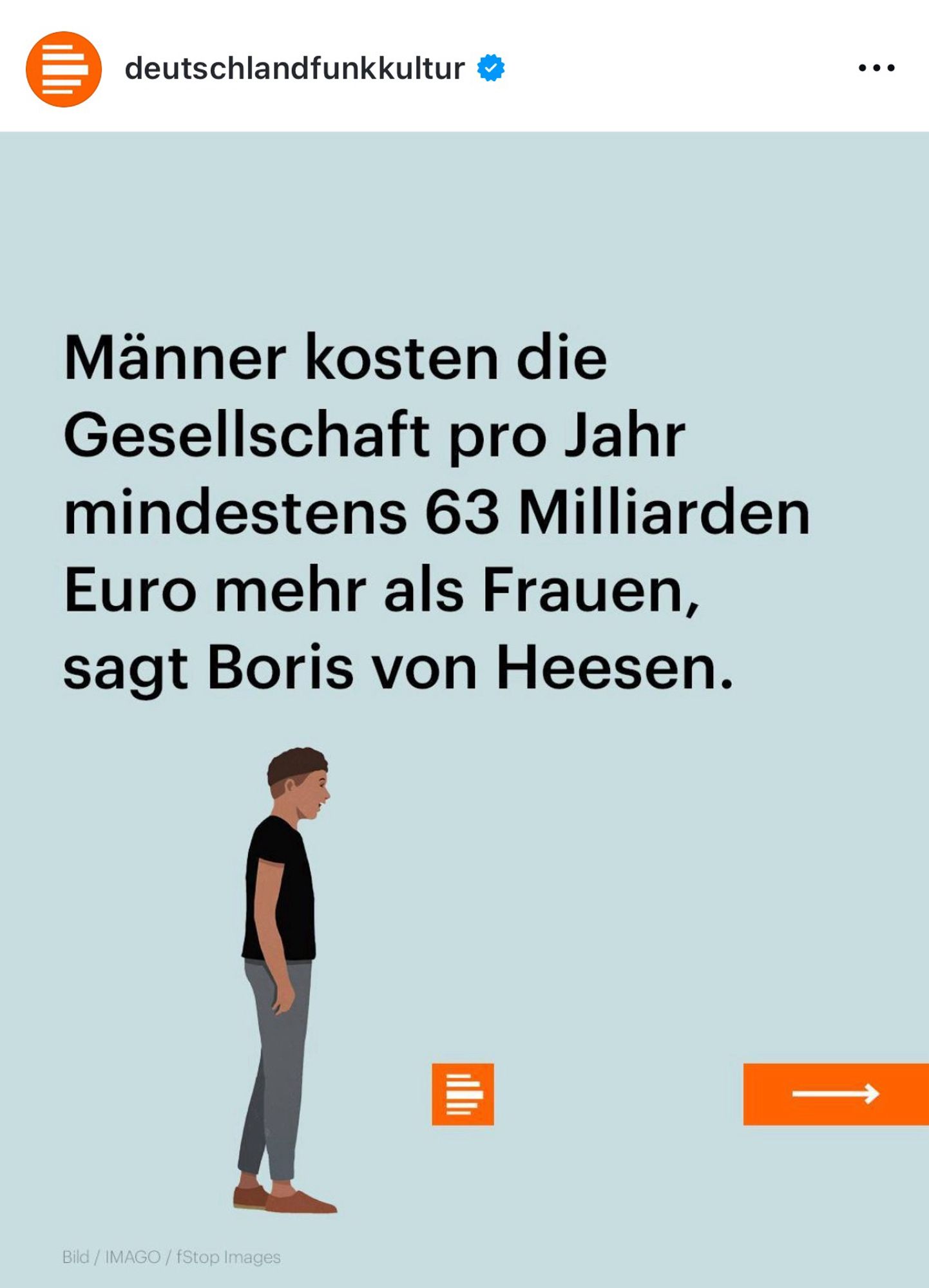 Das 1. Bild eines Instagram-Posts des Accounts deutschlandfunkkultur ist zu sehen. In schwarzer serifenloser Schrift steht auf bläulichem Hintergrund: 

„Männer kosten die Gesellschaft pro Jahr mindestens 63 Milliarden Euro mehr als Frauen, sagt Boris von Heesen.“

Darunter ist eher links auf dem Bild eine Grafik eines Menschen zu sehen, der optisch nach rechts gehen möchte. In der Mitte ist das Deutschlandfunk Logo zu sehen: Ein kleines orangefarbenes Viereck, in dem ein ‚D‘ Aus unterschiedlich breiten weißen Strichen dargestellt wird. 
Rechts unten ist ein längliches orangefarbenes Rechteck, in dem ein weißer Pfeil nach rechts zeigt.