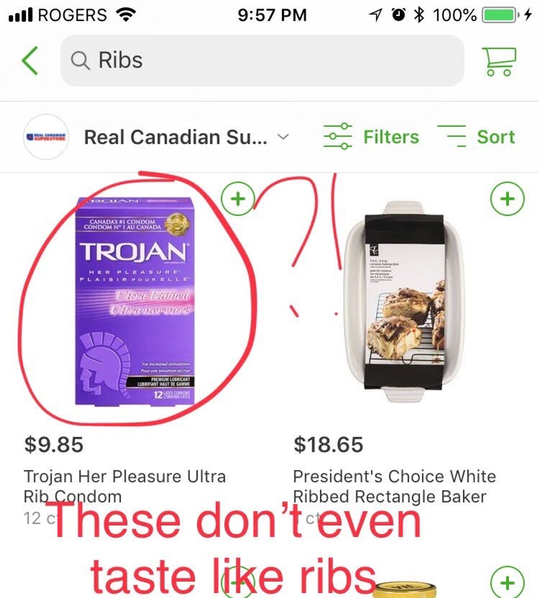 A screencap from Instacart, searching for "Ribs" and one of the results is "Trojan Her Pleasure Ultra Rib Condom". The entry is circled in red with an exclamation point and a question mark, and red text has been added stating "These don't even taste like ribs"