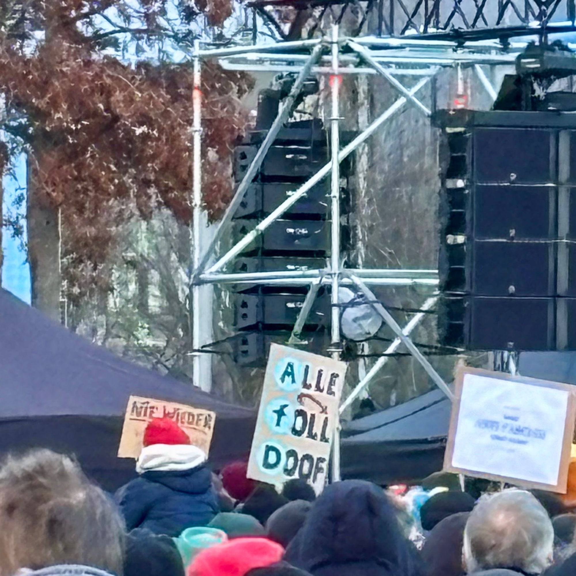 Ein Plakat auf der heutigen Demo mit der Aufschrift A F D Alle Foll Doof.