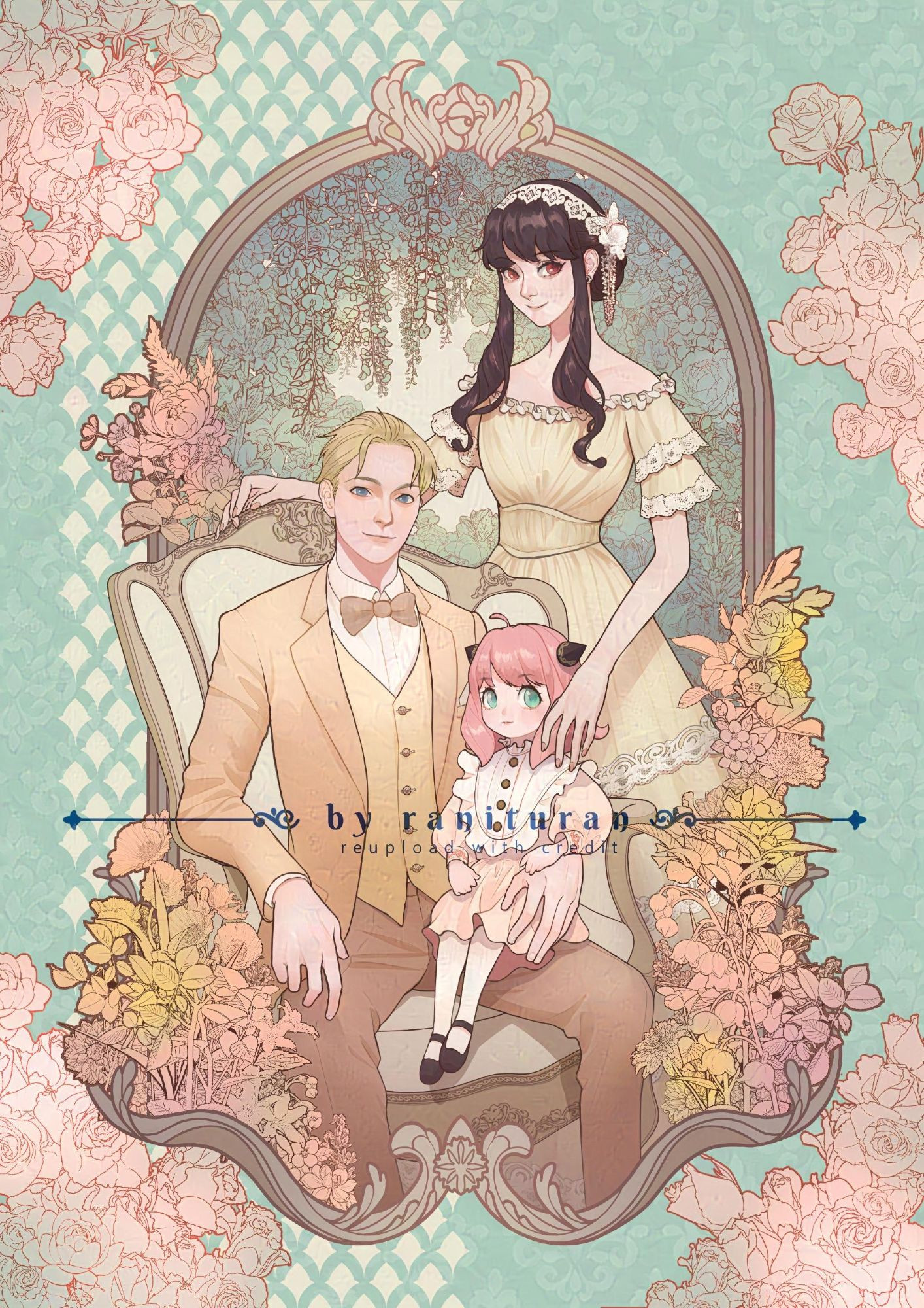 A portrait of a family dressed in a fancy wardrobe surrounded by pink and yellow flowers with a bronze metal frame and green background. They are from Spy x Family anime and manga : Loid Forger (the husband), Yor Briar (the wife), and Anya (the kid).