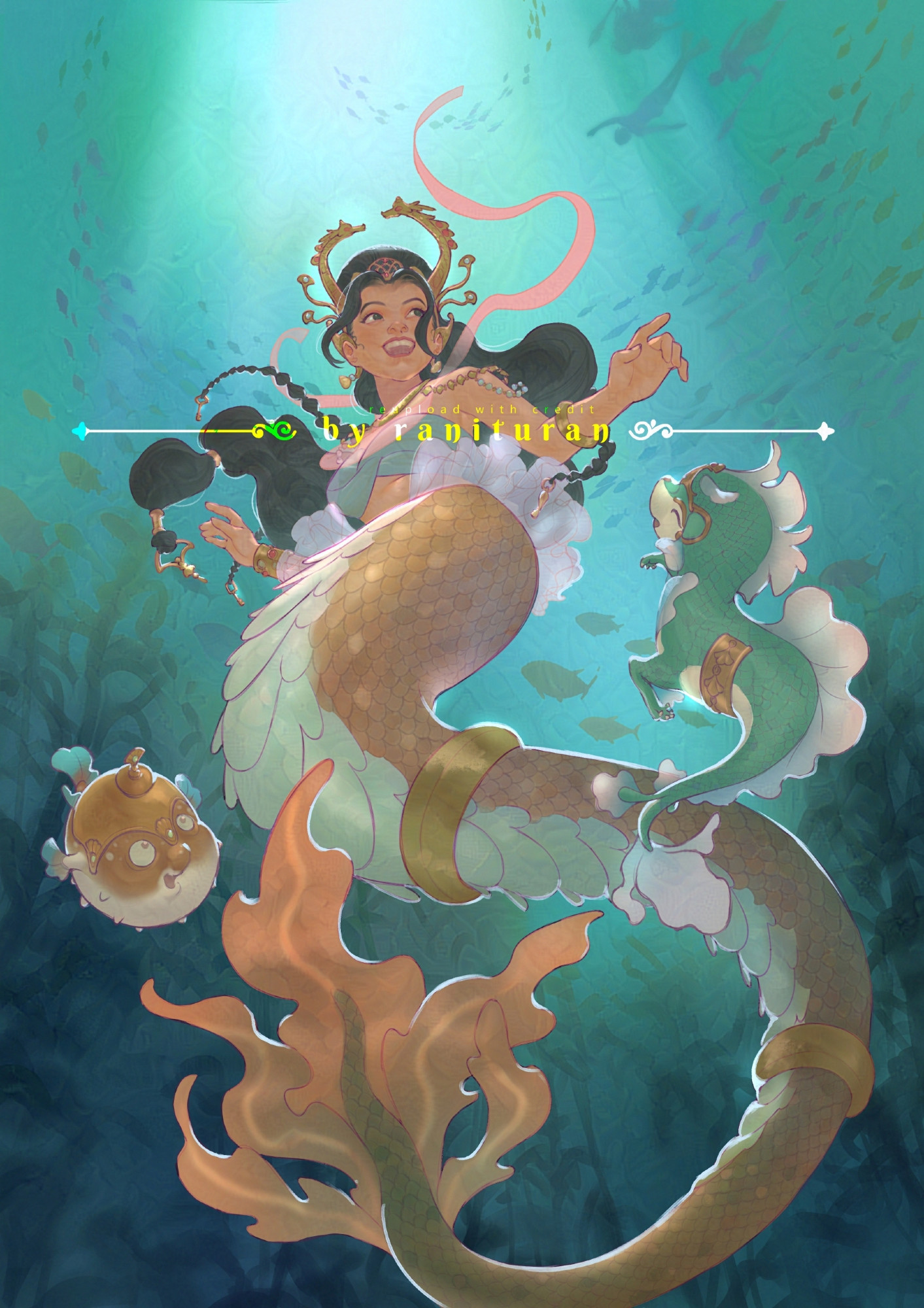 A mermaid is swimming under the sea with her two pets. She looked up with a big smile to where a human friend and two mermaids are also swimming but in different directions. The mermaid is a princess. One pet is a little underwater dragon and the other is a pufferfish. The background is the green color of the deep sea with lots of human-sized seaweed around her. The character is Princess Miranjani from the game Coral Island.