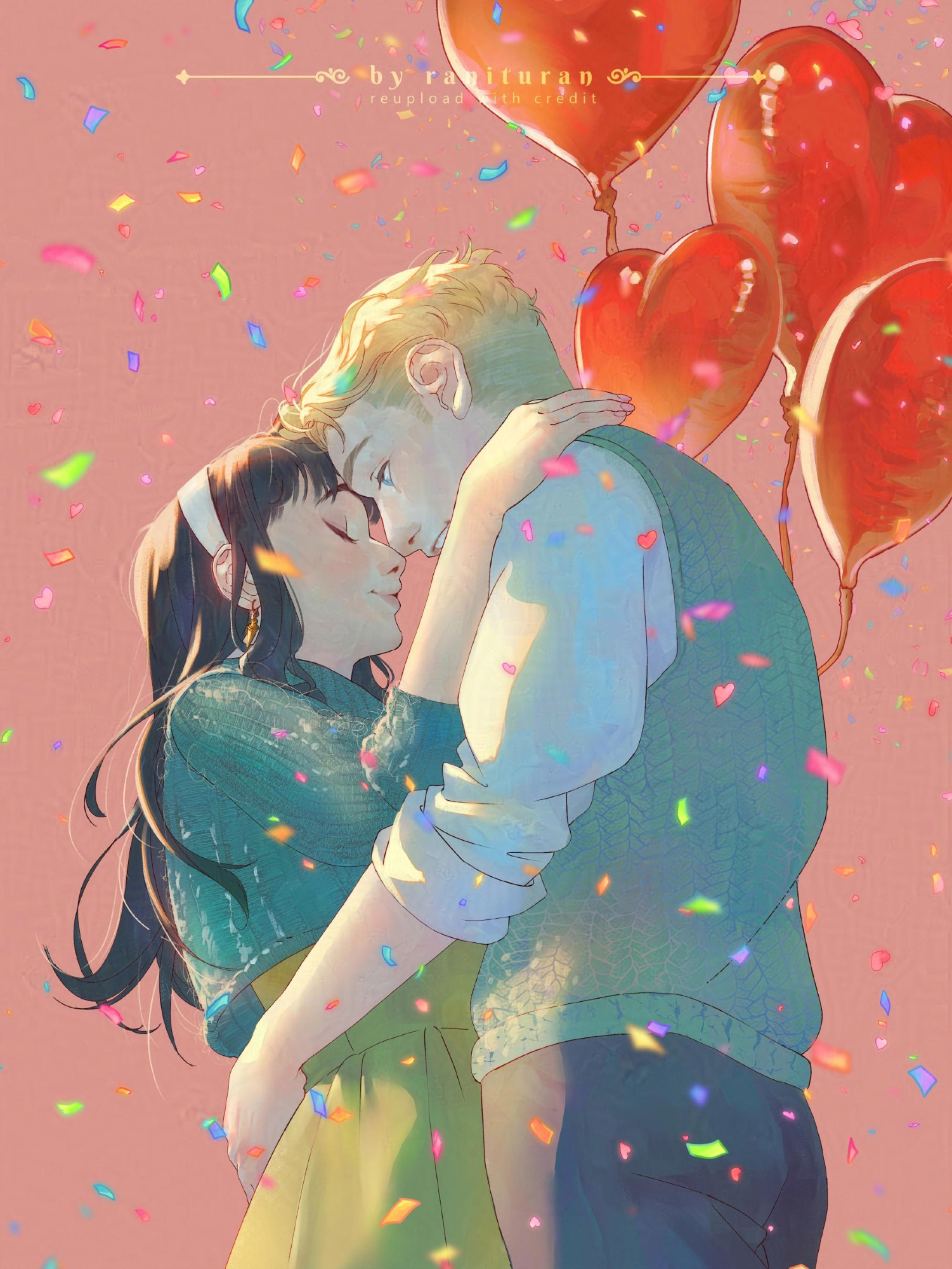 A couple hugging with red heart-shaped balloons behind them