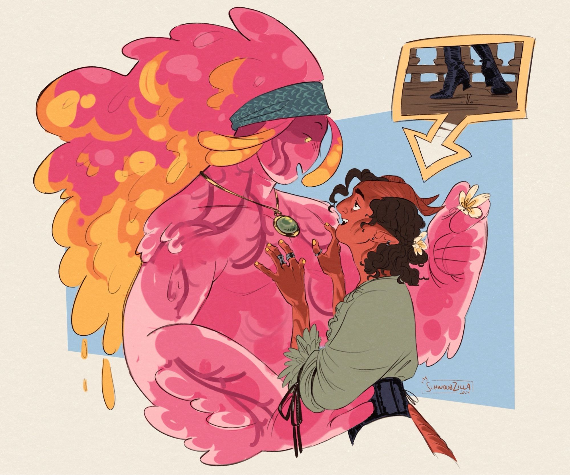 drawing of original characters C0DE-D (pronounced Cody) and Xerxes embracing. 
C0DE-D is a large pink plasmoid (sapient slime person) with big goopy “hair” and is placing a small plumeria flower into the hair of Xerxes, a much smaller red tiefling with dark curly hair. They are staring into eyes, lovingly.
a small panel to the left shows Xerxes standing on his toes to be at the same height as C0DE-D’s shoulders.