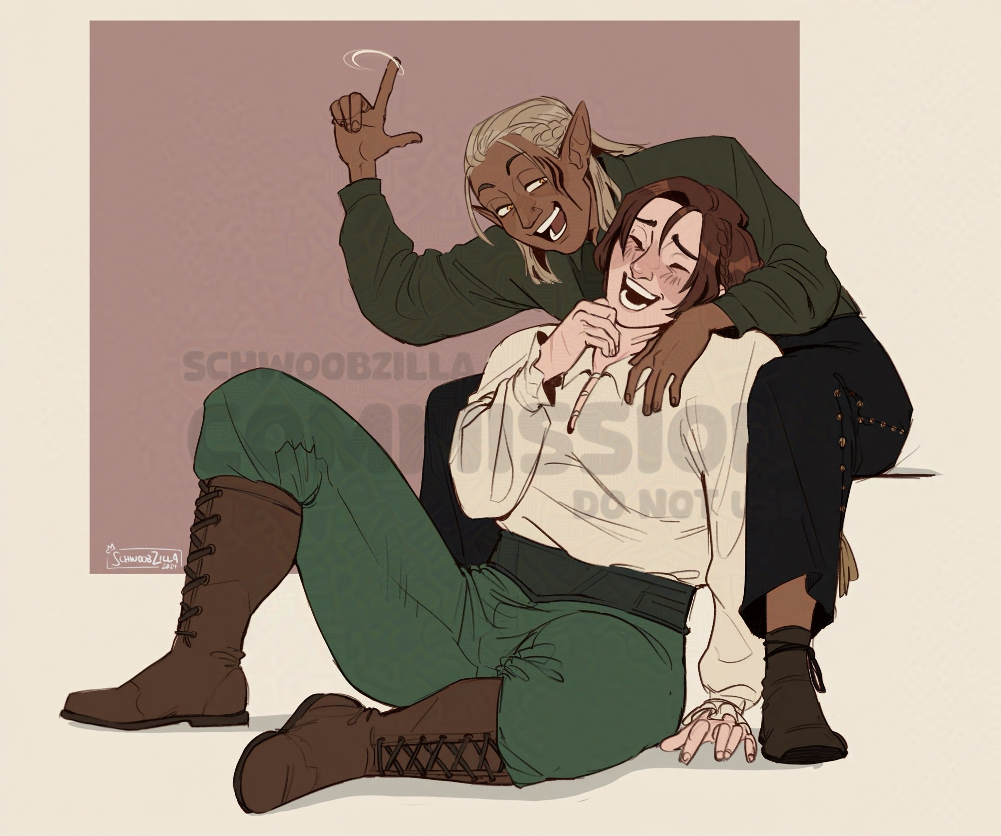 cropped drawing of a commission for @xdevilkidx of Zevran Arainai and Devora Cousland. 
the elven man with a sly look is leaned over the laughing woman’s shoulder, friendly teasing her about something. 
text watermark reads “schwoobzilla commission do not use”