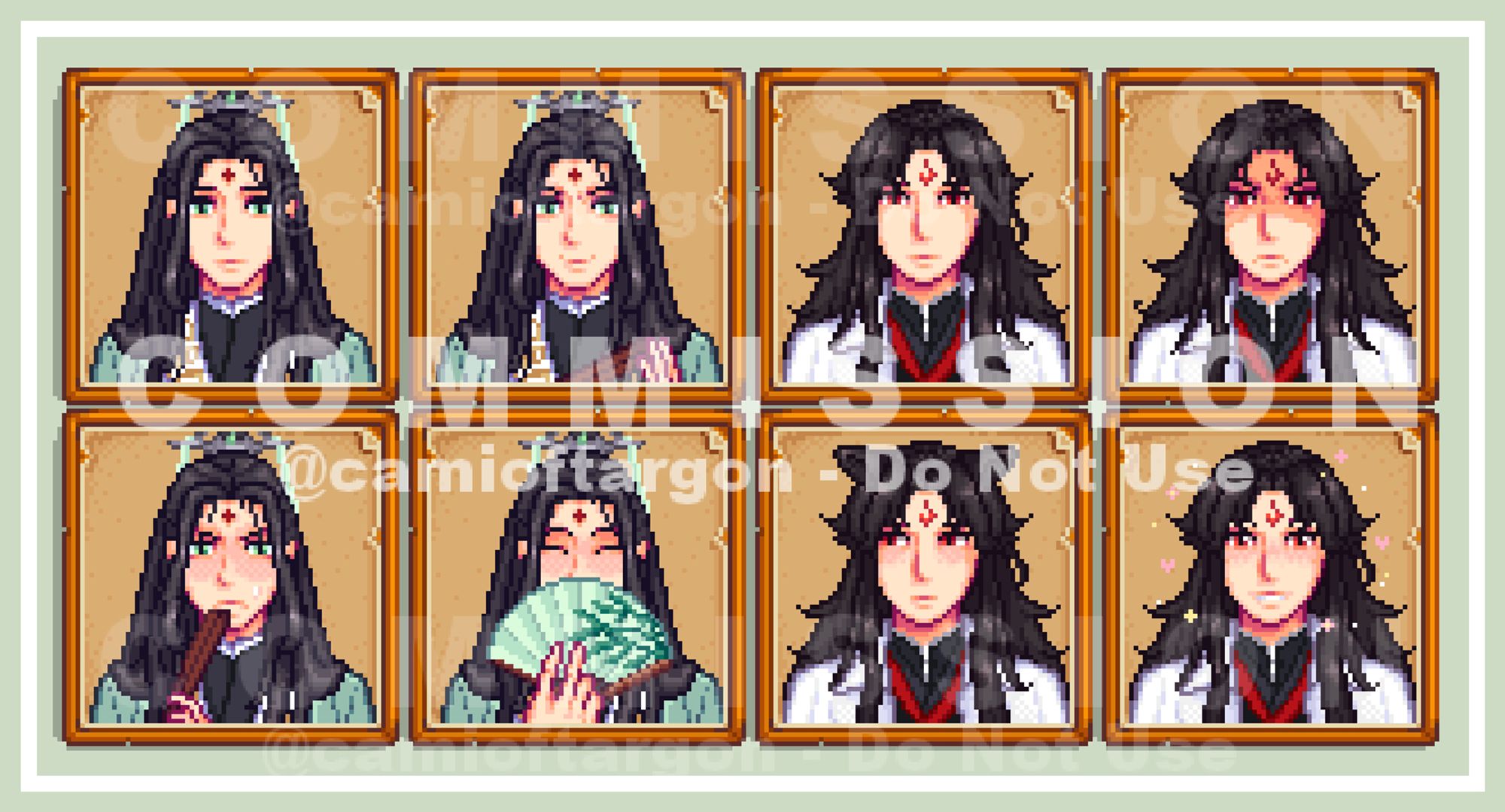 PT-BR: 6 Portraits em Pixel Art estilo Stardew Valley, 4 do personagem Shen Qingqiu e 4 do personagem Luo Binghe da obra The Scum Villain's Self-Saving System.

English: 6 Portraits in Stardew Valley style Pixel Art, 4 of the character Shen Qingqiu and 4 of the character Luo Binghe from The Scum Villain's Self-Saving System.