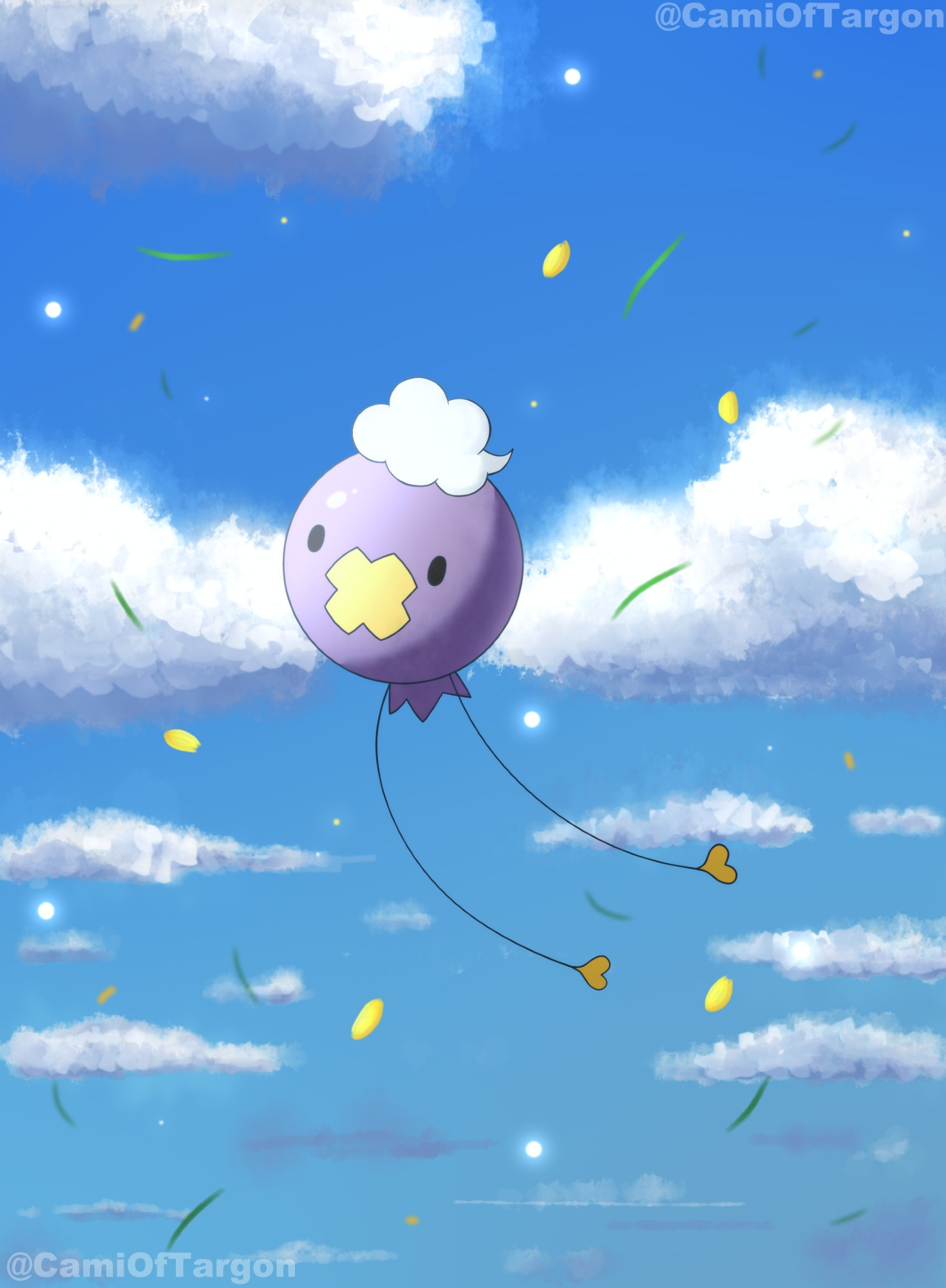 Arte digital de um Drifloon voando no céu diurno azul com nuvens, com folhas e pétalas amarelas voando.

EN: Digital art of a Drifloon flying in the blue daytime sky with clouds, with yellow leaves and petals flying around.