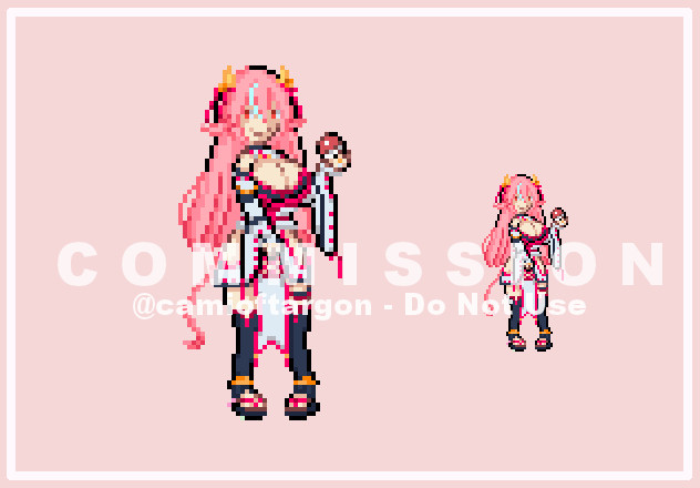 PT-BR: Sprite em Pixel Art  de uma personagem de cabelo rosa longo, chifrinhos e rabo de vaquinha, com rouas japonesas e um decote aparente. 

EN: Pixel art sprite of a character with long pink hair, horns and a cow tail, wearing Japanese clothing and a visible cleavage.