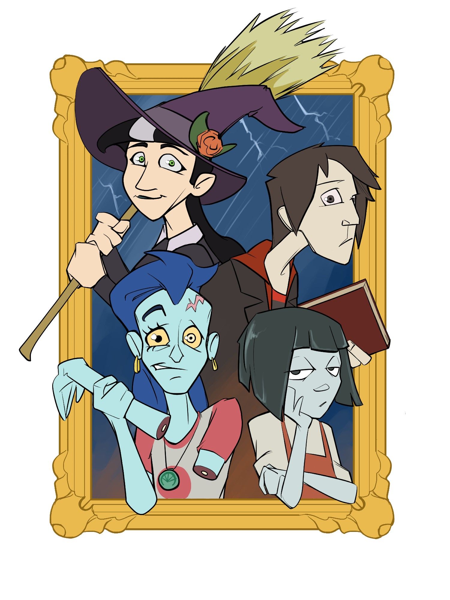 Bottom left to right: Georgie is a blue zombie with dark blue hair and a head injury. She's awkwardly smiling as her arm falls off. Hanako is a bored looking gray skinned ghost with black bobbed hair.
Top left to right: Zabel is a witch with long black hair and a broom. Ash is a human with dark black hair and a book in hand.