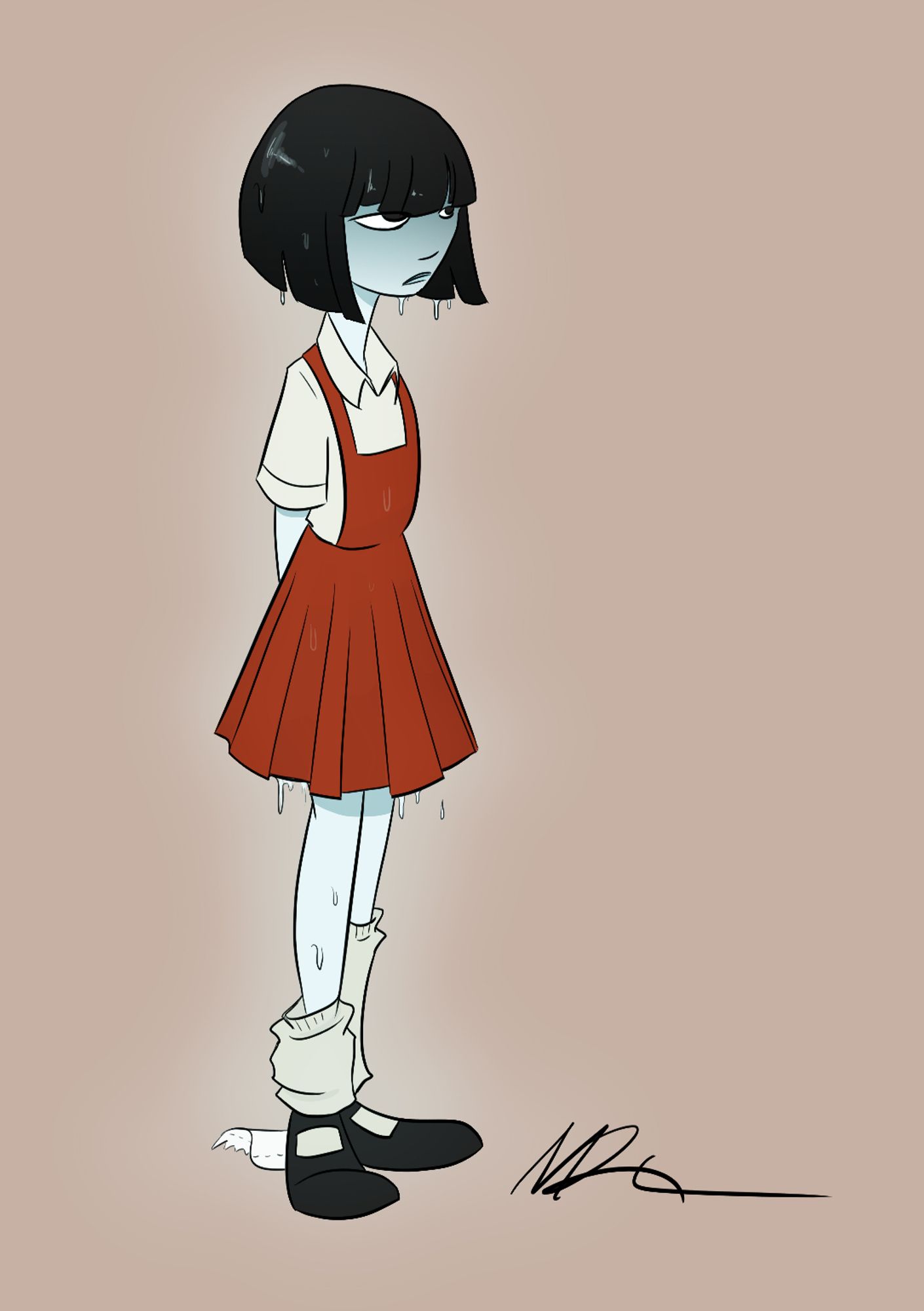 Hanako is a ghost with blue skin and short black hair. She is wearing a red school girl uniform and black Mary Jane shoes and white socks. She's also soaking wet with toilet paper stuck to her shoe.