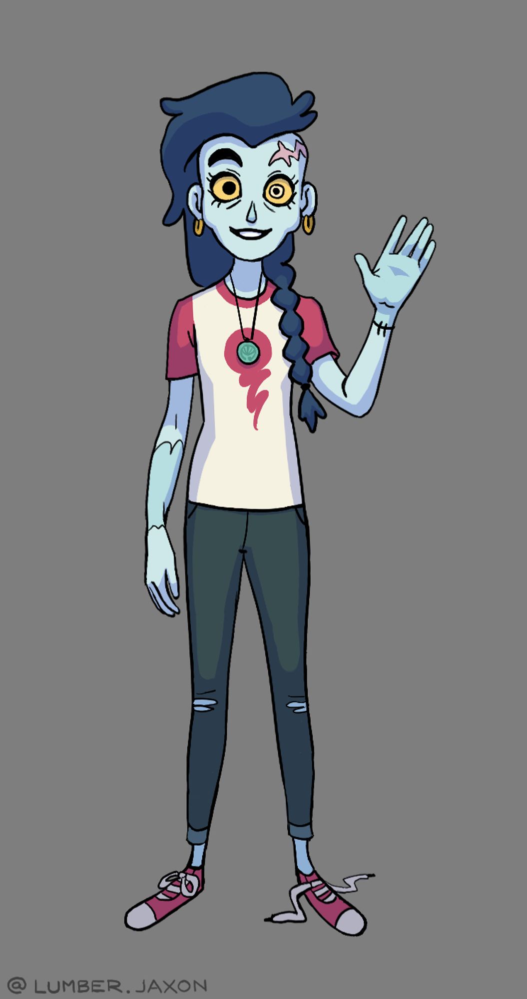 Georgie, a blue zombie with dark blue hair and a head injury, waves with a smile. She has gold earrings, sneakers, and ripped jeans.