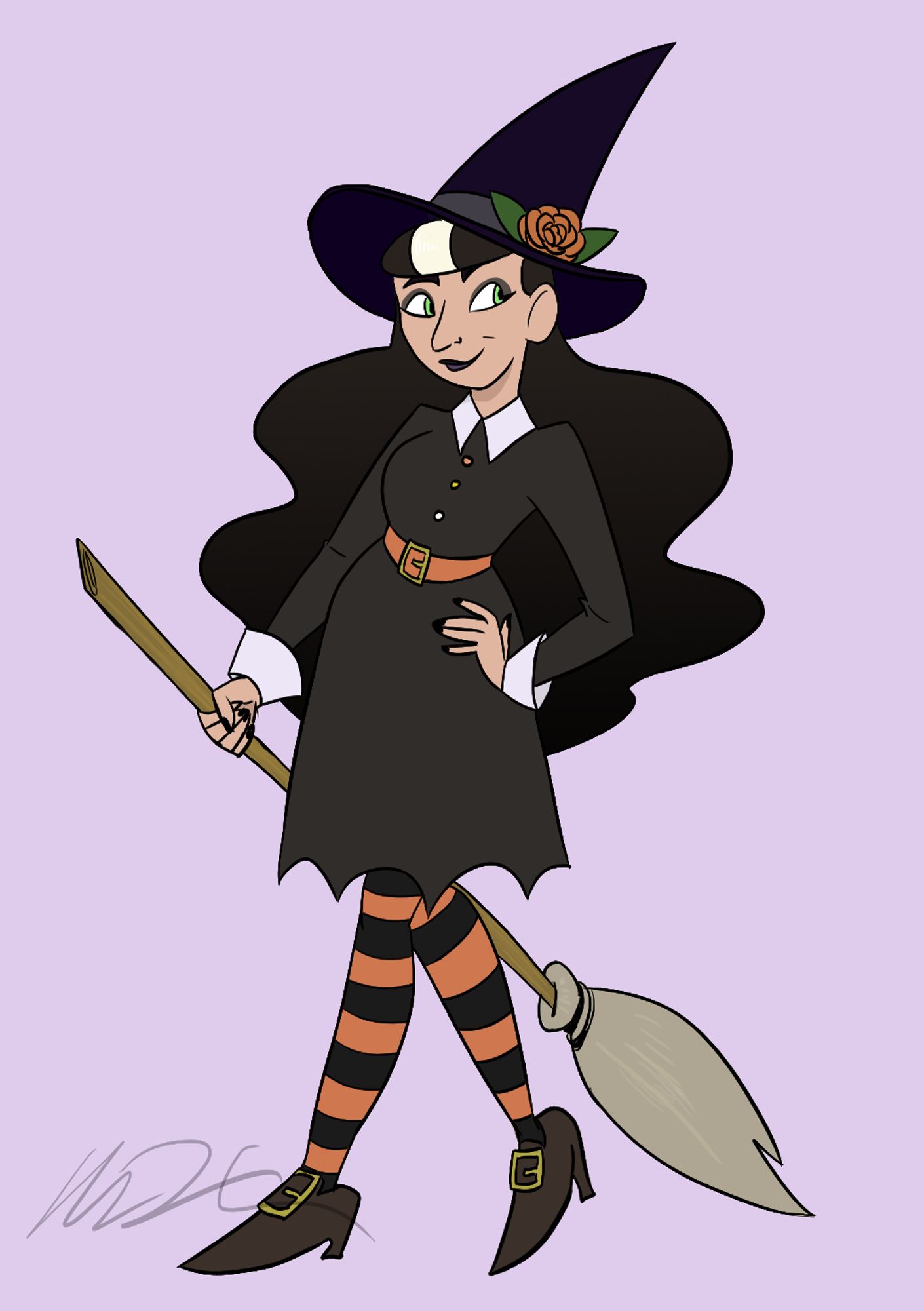 Zabel Hawthorne is a witch with light skin, green eyes, and long black hair with a blonde streak in her bangs. She has a black witches dress and witch hat, and she's holding a broom.