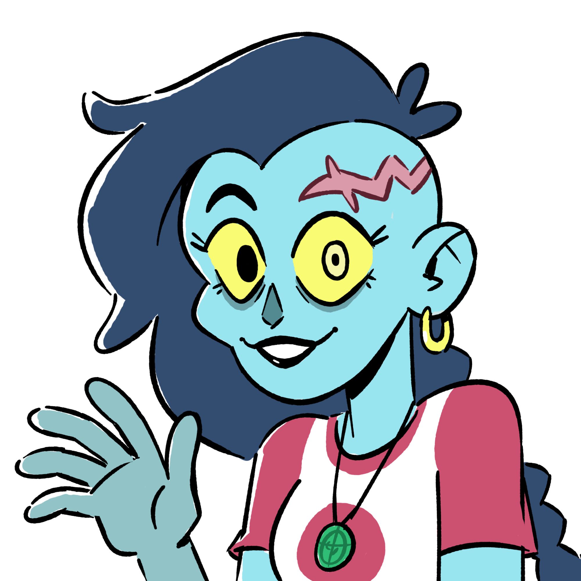 Georgie, a blue zombie with a head injury and long blue hair, smiles and waves at camera.